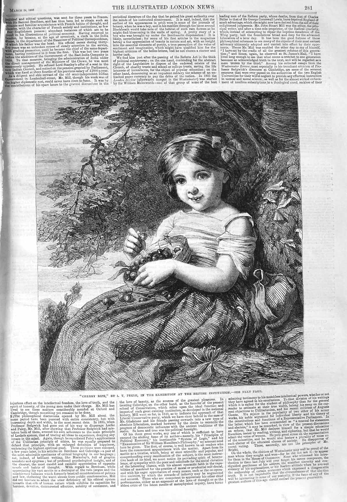 Original Old Antique Print 1866 Cherry Ripe Young Girl Fruit Peele Victorian