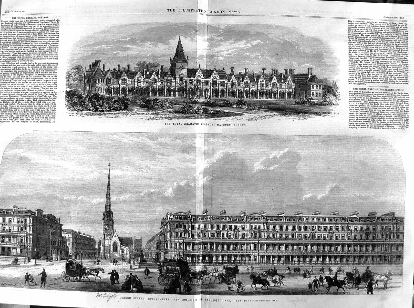 Old Antique Print 1866 Royal Dramatic College Maybury Surrey London Hyde 19th