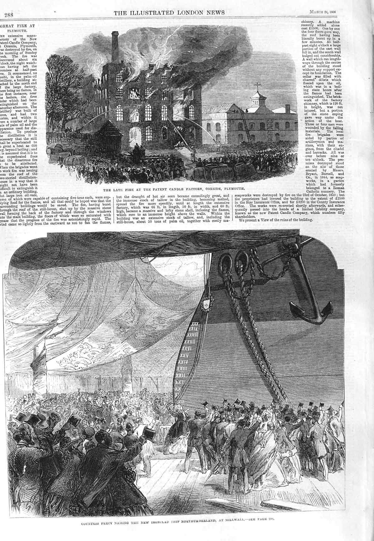 Old Antique Print 1866 Fire Factory Coxside Plymouth Northumberland Ship 19th