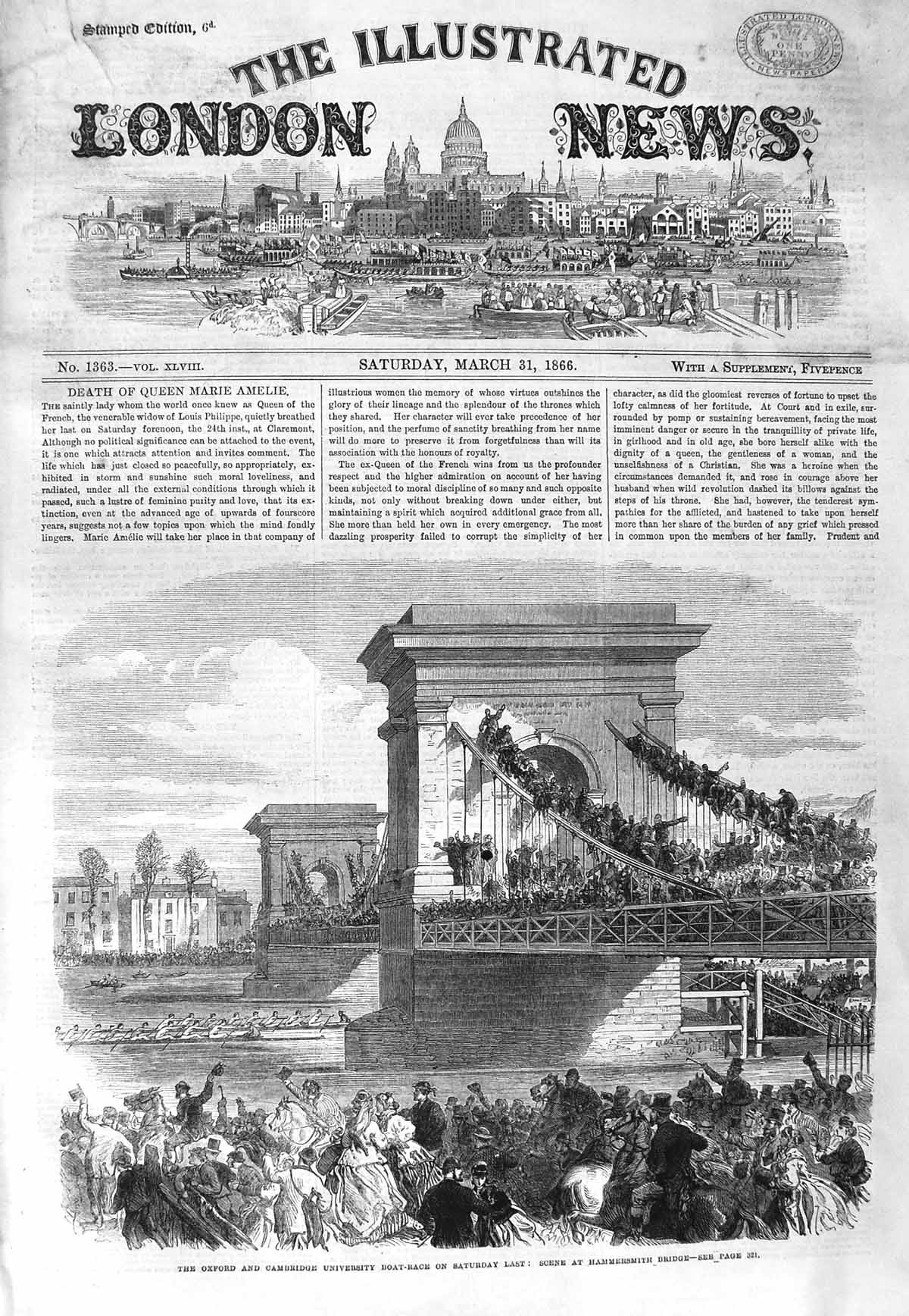 Original Old Antique Print 1866 Oxford Cambridge Boat Race Hammersmith Bridge