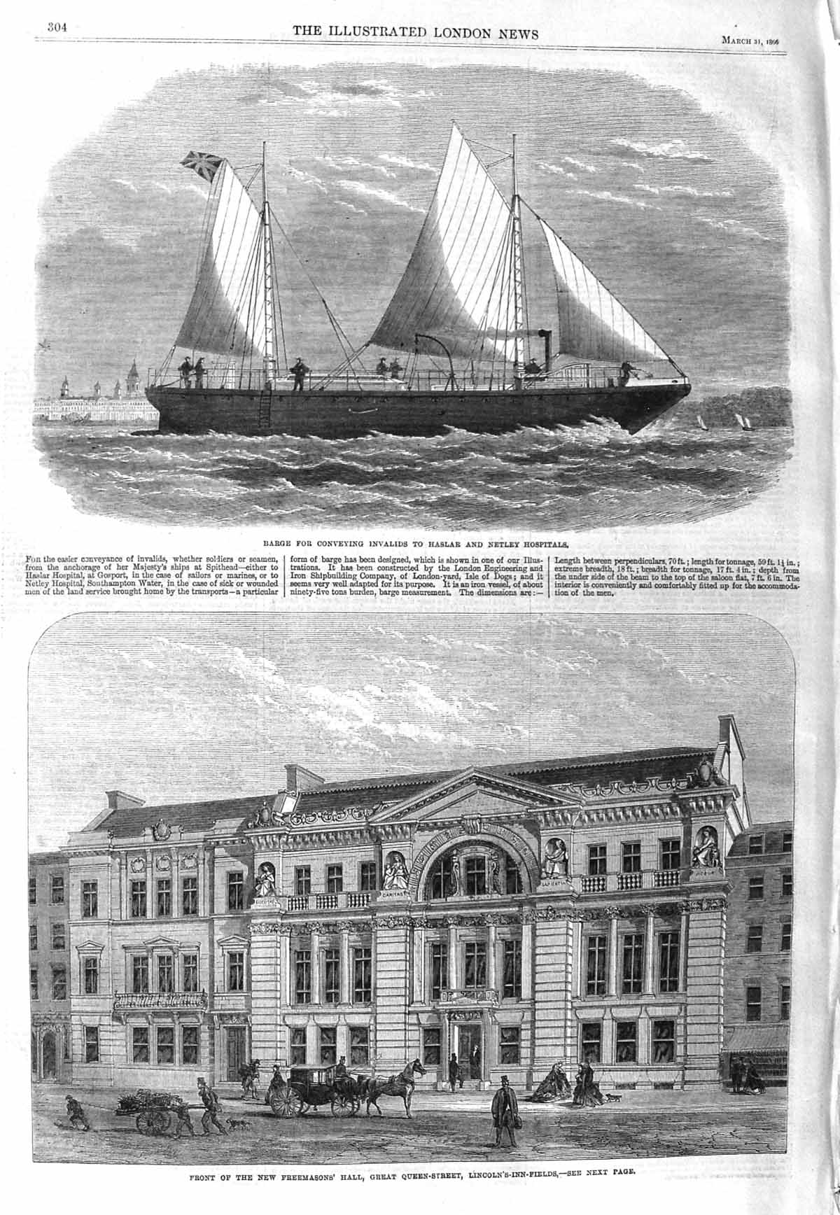 Old Antique Print 1866 Freemasons Hall Lincolns-Inn-Field Ship Hospital 19th