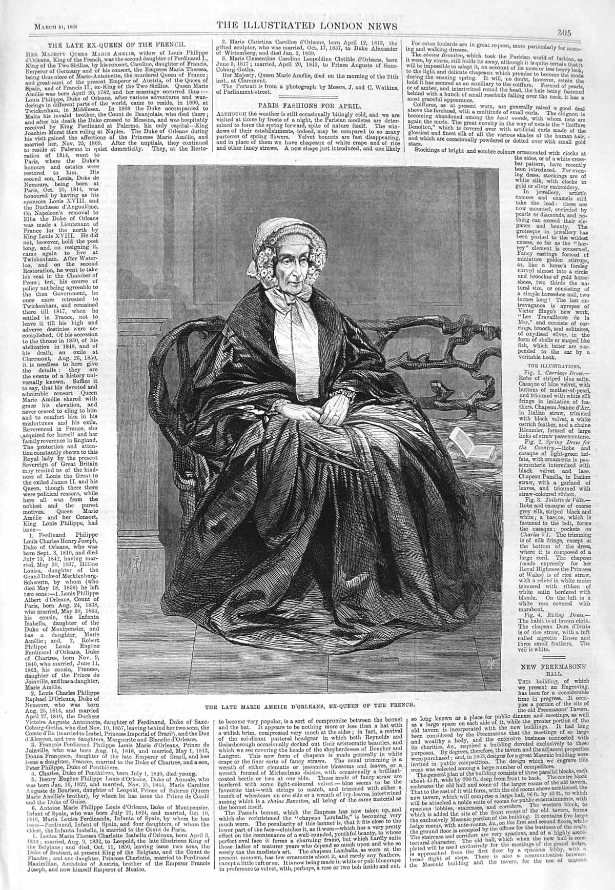 Original Old Antique Print 1866 Portrait Marie Emelie D'Orleans Ex-Queen French