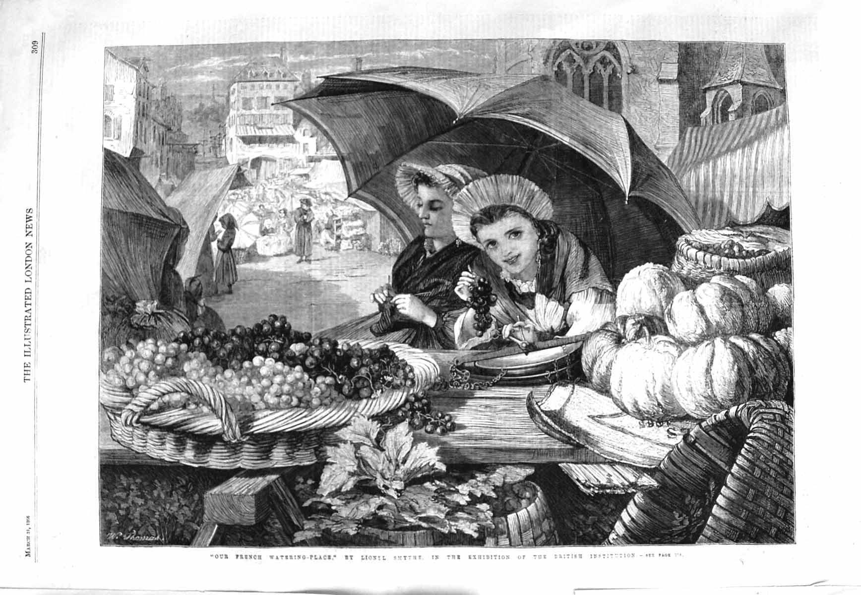 Old Antique Print 1866 French Watering Place Ladies Fruit Market Smythe 19th