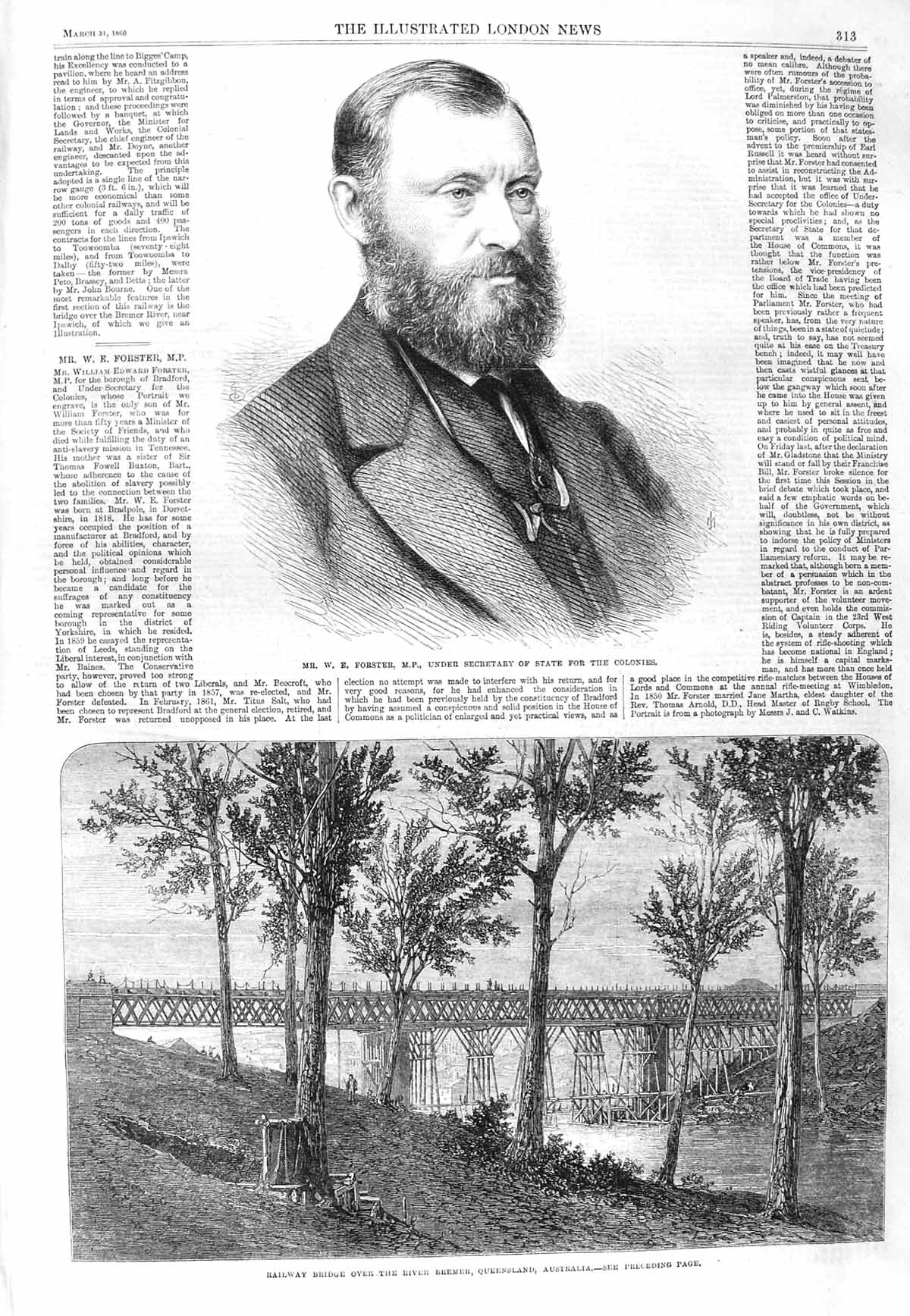Old Antique Print 1866 Forster Secretary State Railway Bridge Queensland 19th