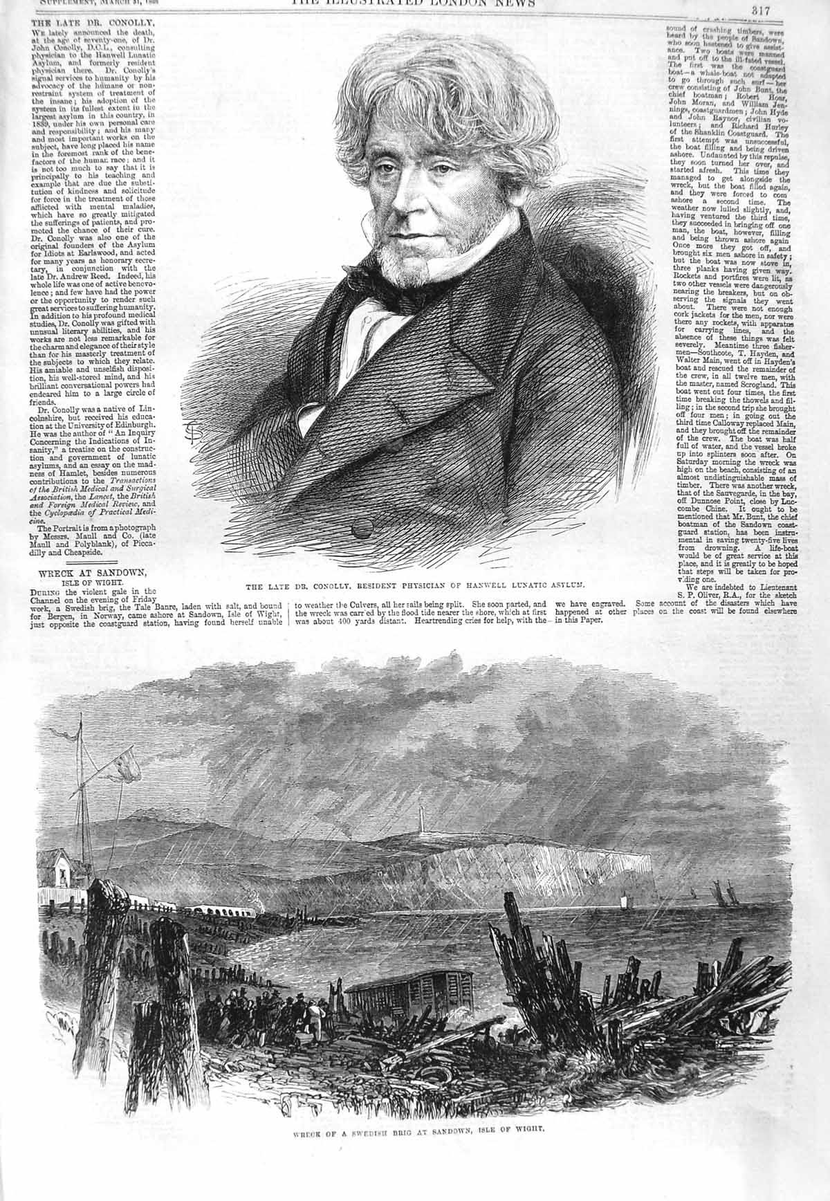 Old Antique Print 1866 Conolly Physician Asylum Swedish Brig Ship Wight 19th