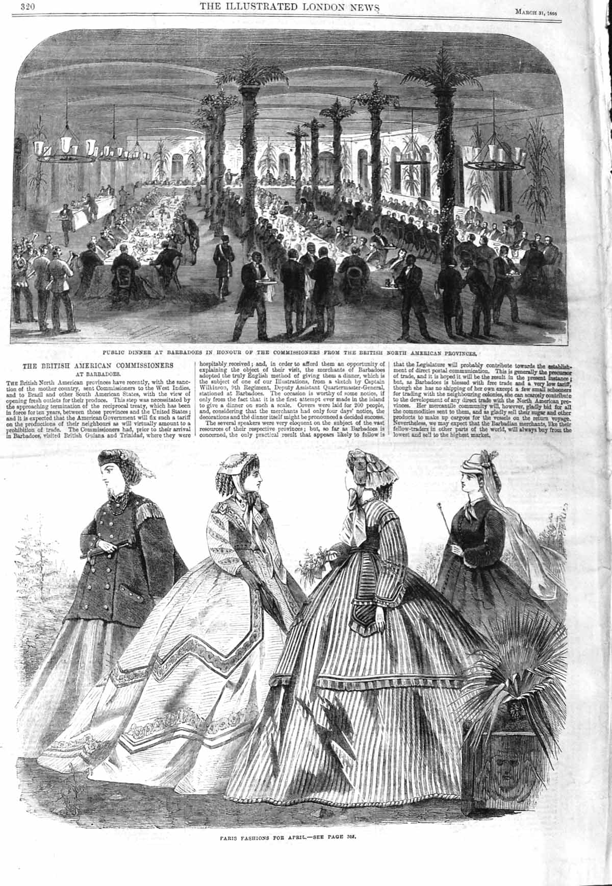 Old Antique Print 1866 Paris Fashion April Dinner Barbadoes Commissioners 19th