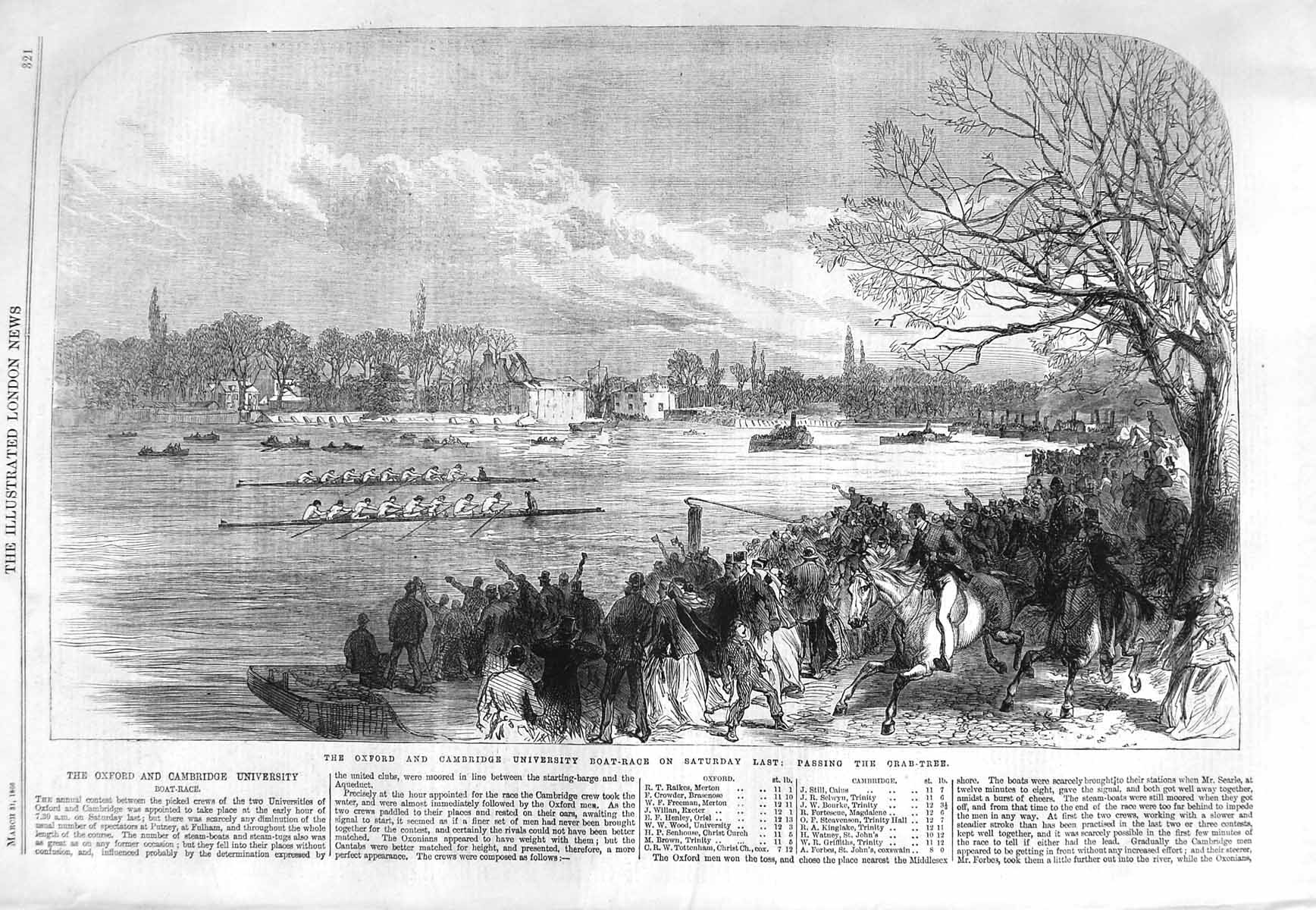 Original Old Antique Print 1866 Oxford Cambridge University Boat Race Crab-Tree