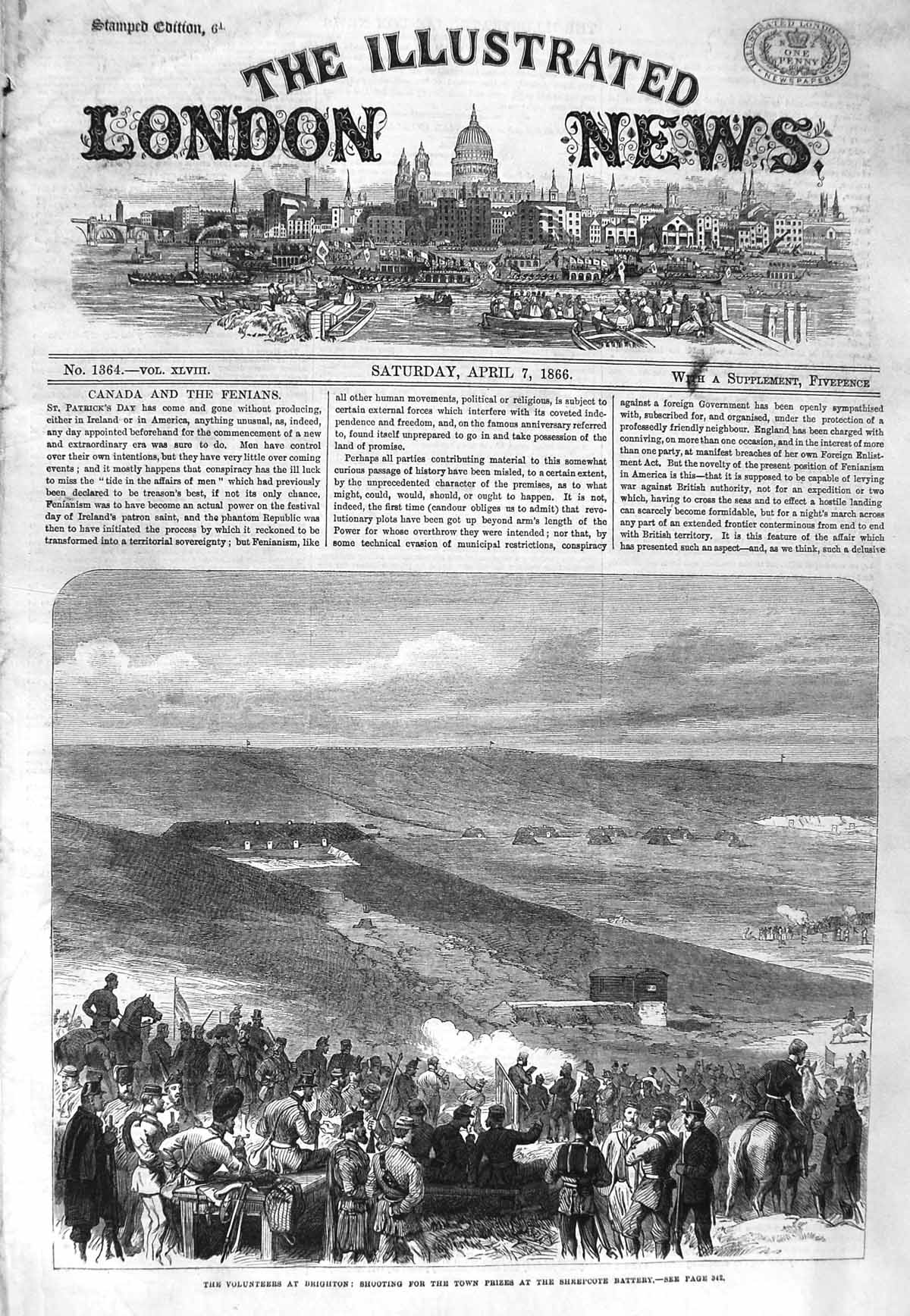 Old Antique Print 1866 Volunteer Review Brighton Sheepcote Battery Army 19th