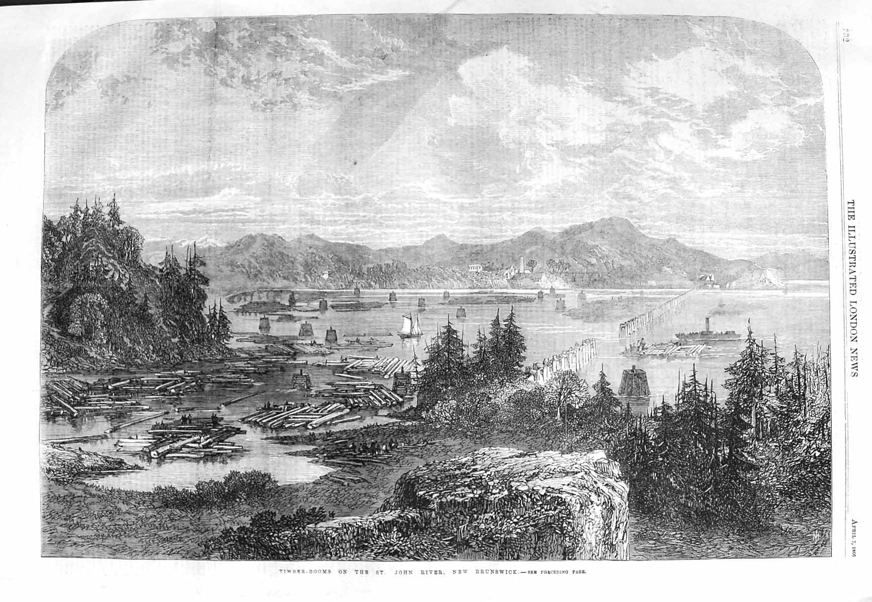 Original Old Antique Print 1866 Timber Booms St. John River New Brunswick Trees