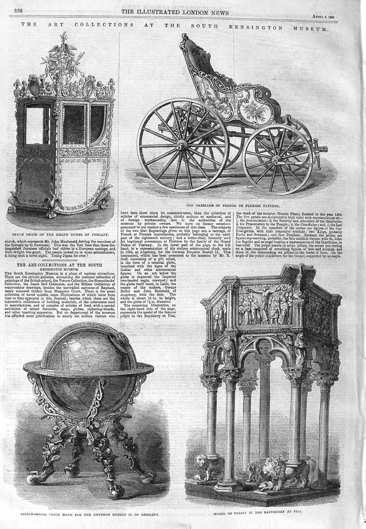 Old Antique Print 1866 Kensington Museum Pulpit Pisa Sedan Chair Tuscany 19th