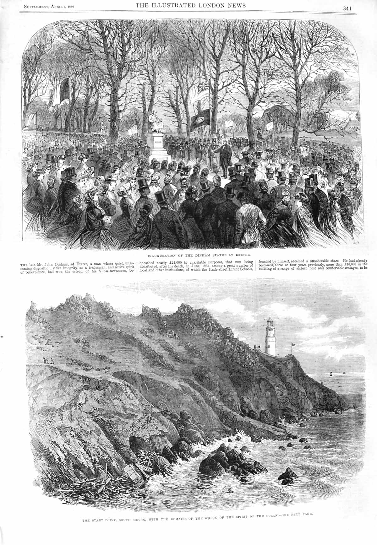 Old Antique Print 1866 Dinham Statue Exeter Lighthouse Devon Spirit Ocean 19th
