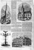 Old Antique Print 1866 Townhall Birmingham Church Camberwell Hull Denison 19th