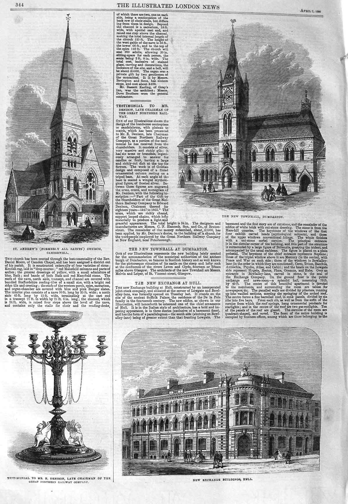 Old Antique Print 1866 Townhall Birmingham Church Camberwell Hull Denison 19th