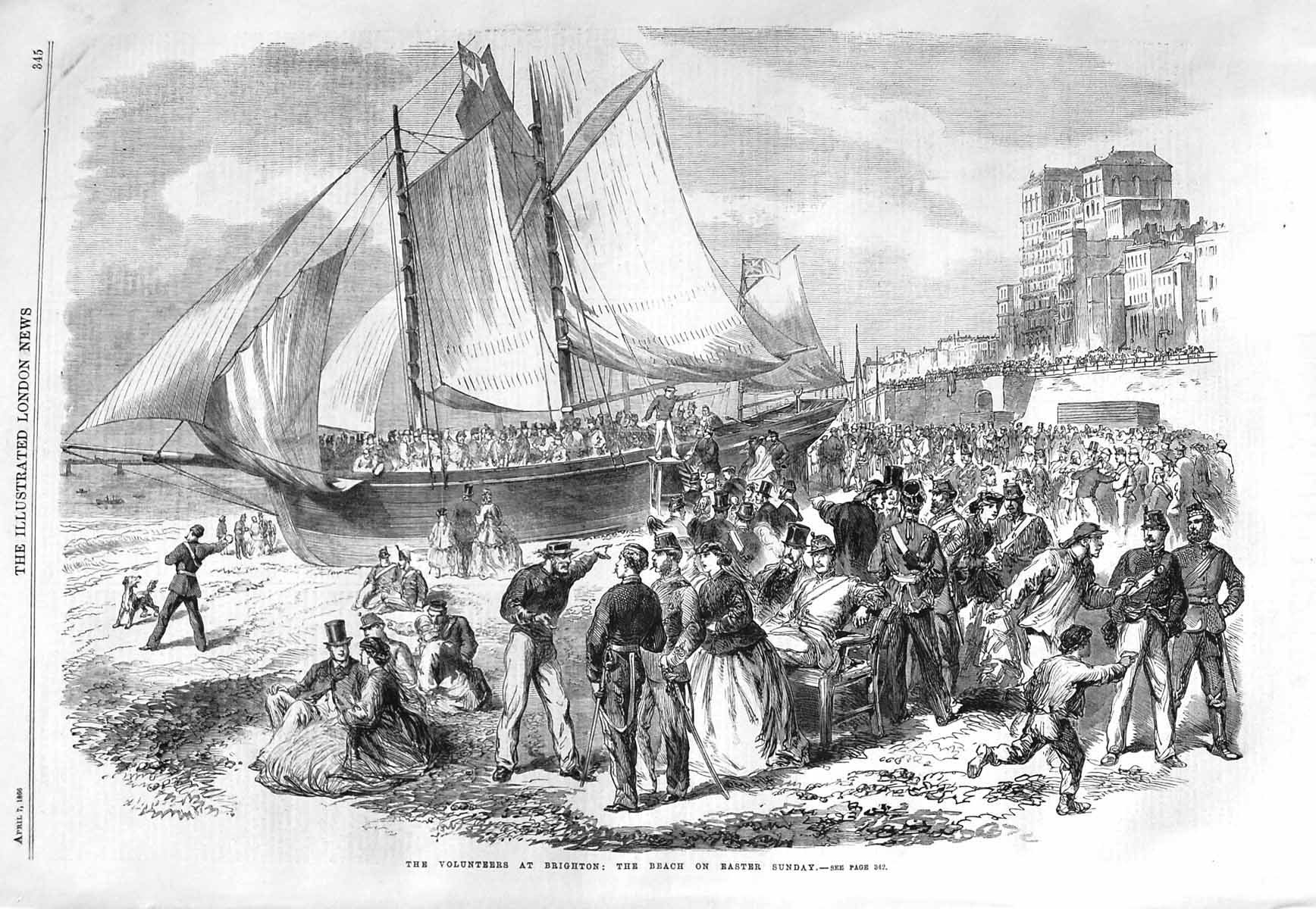 Original Old Antique Print 1866 Volunteers Siers Brighton Beach Easter Sunday