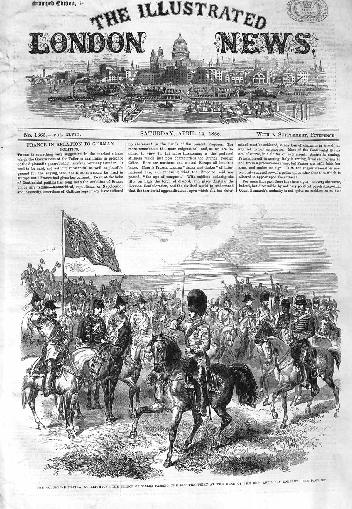 Original Old Antique Print 1866 Volunteer Review Brighton Prince Wales Siers