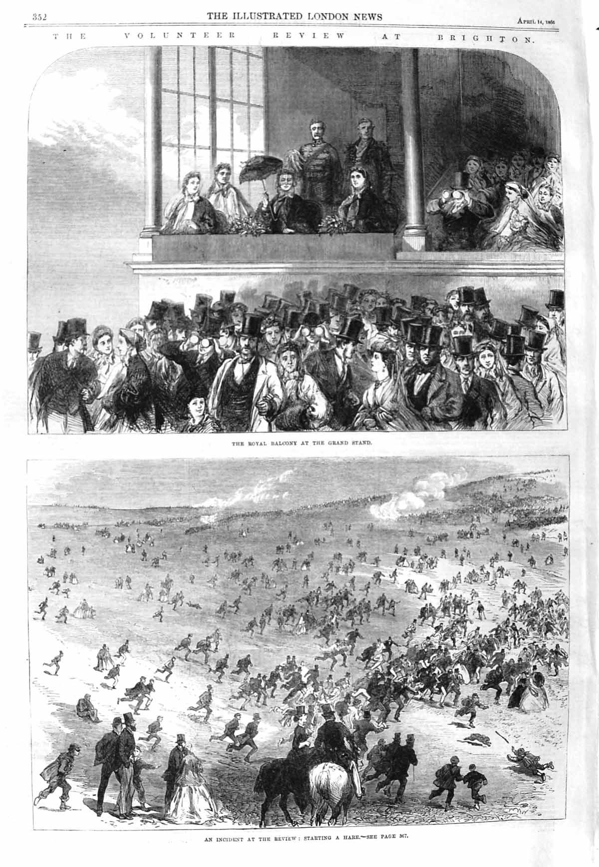 Original Old Antique Print 1866 Volunteer Review Brighton Royal Balcony Stand