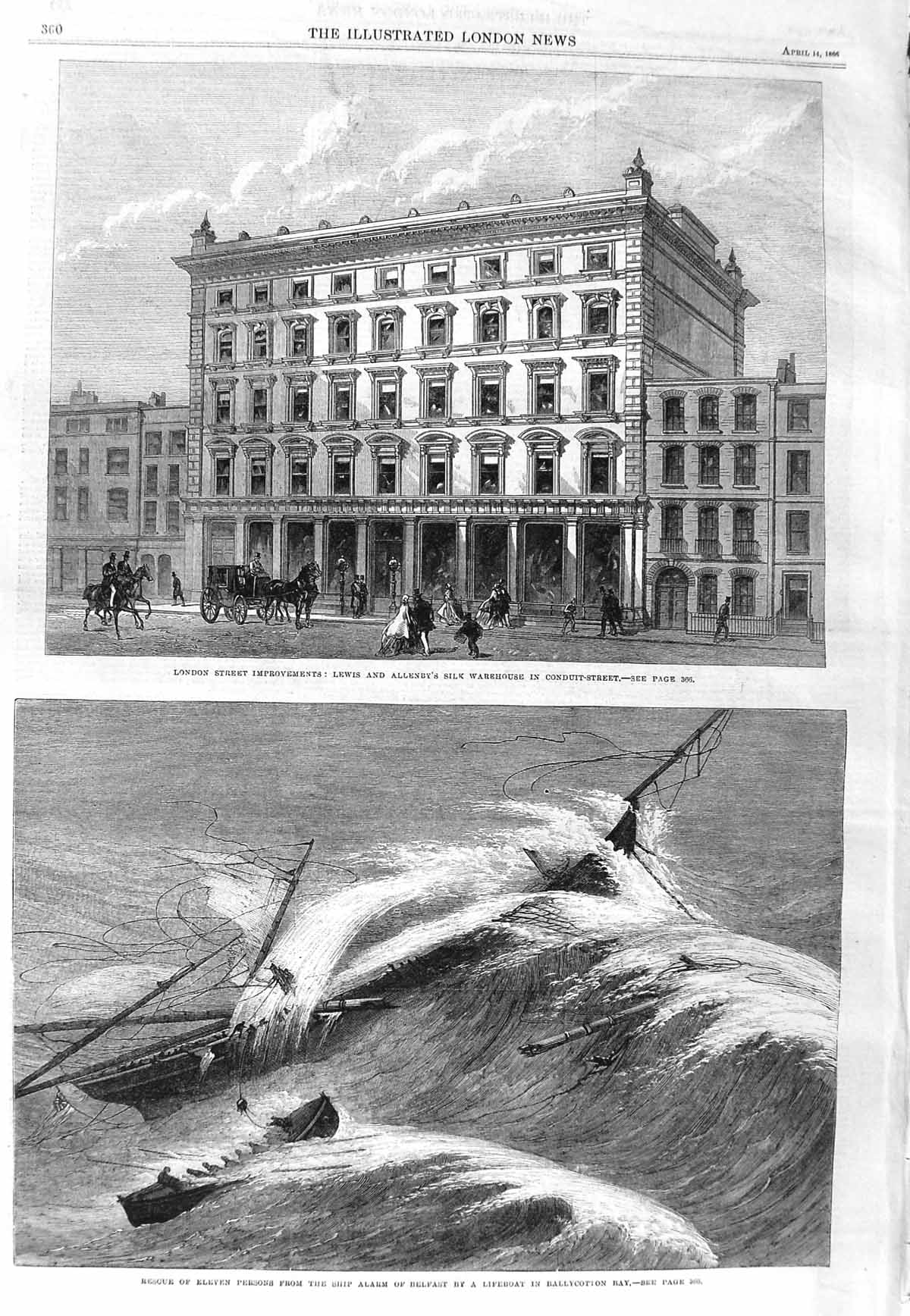 Old Antique Print 1866 London Lewis Allenby Ship Lifeboat Ballycotton Bay 19th
