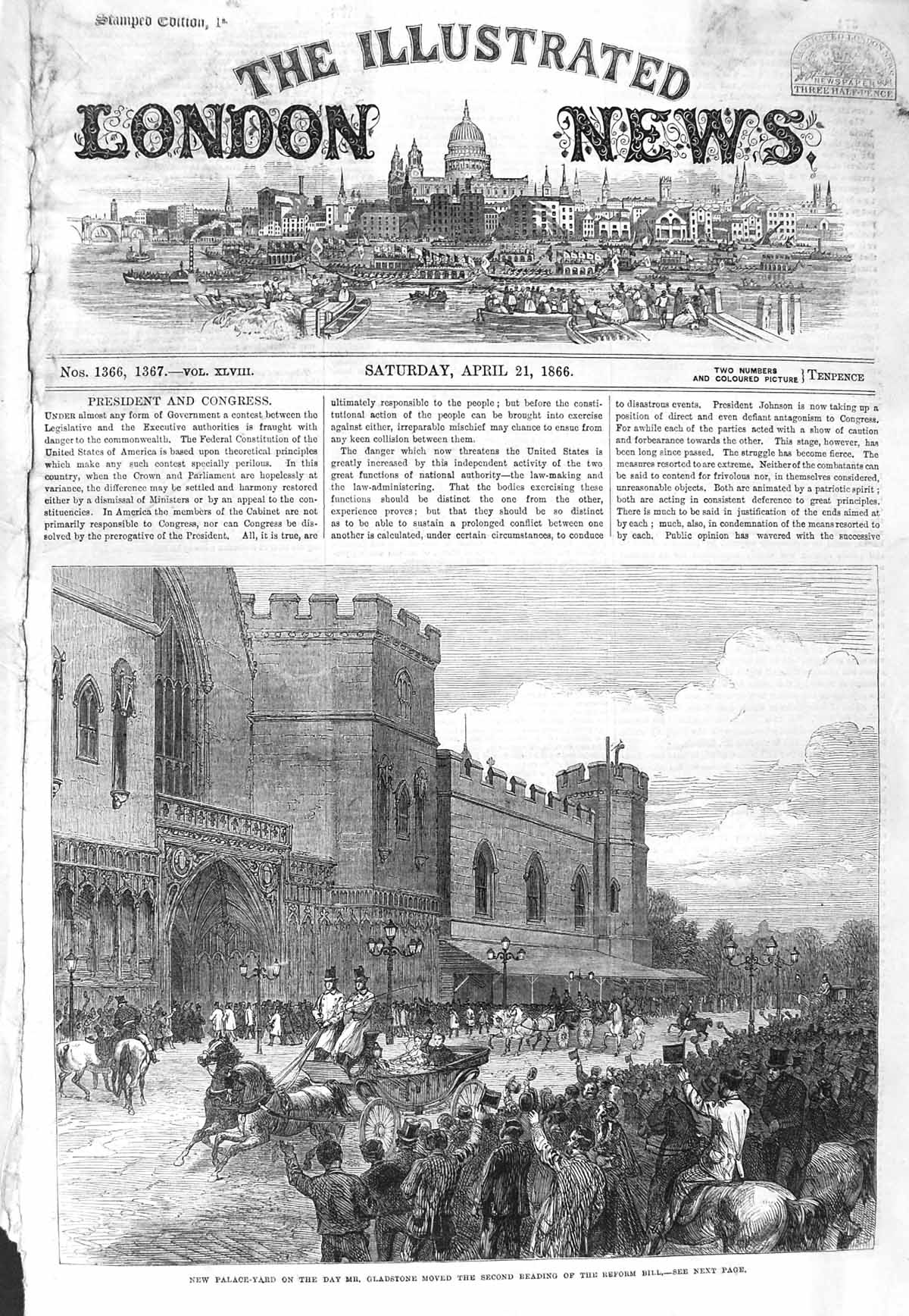 Original Old Antique Print 1866 Palace Yard Gladstone Reform Bill Fine Art 19th