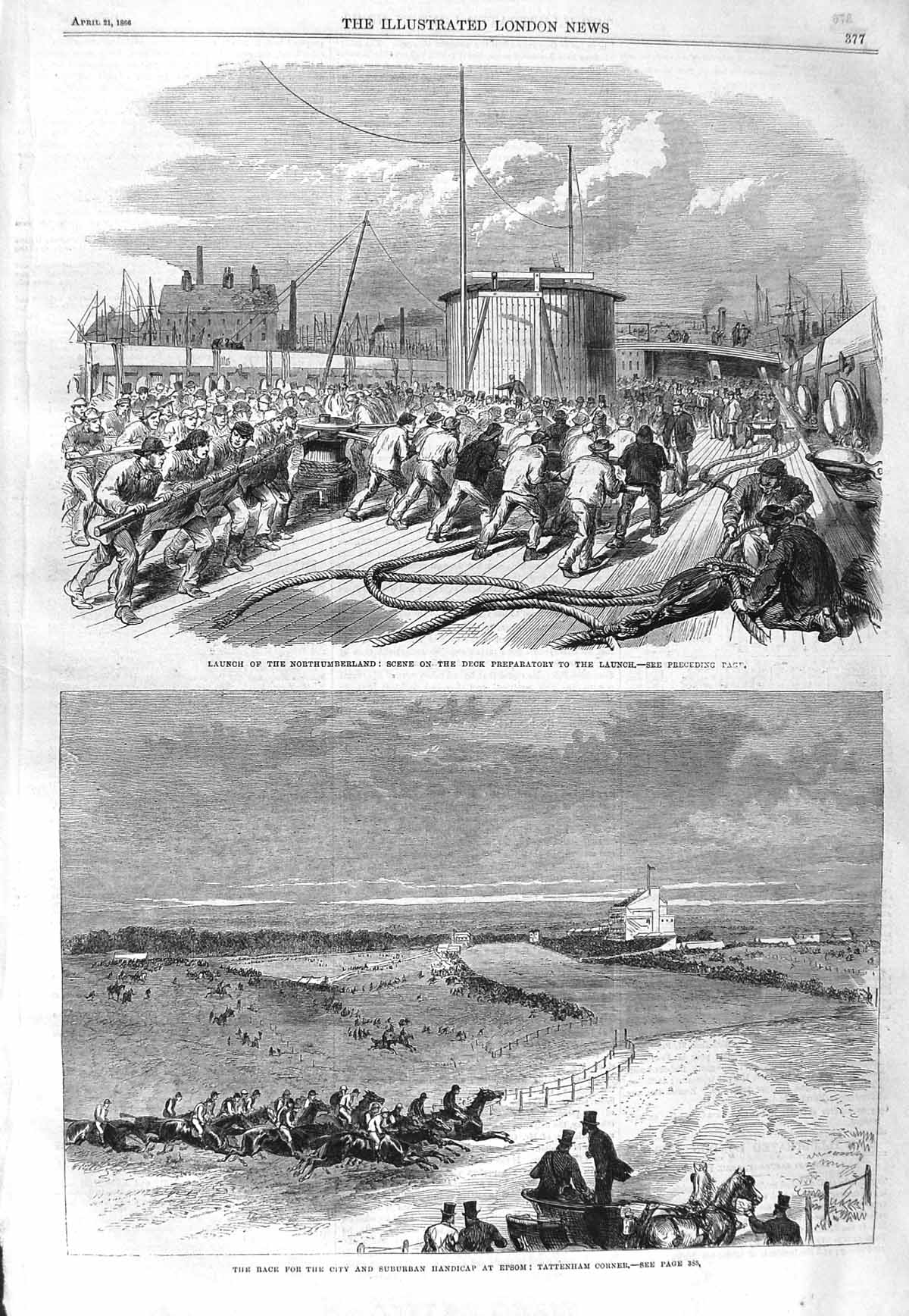 Original Old Antique Print 1866 Launch Ship Northumberland Epsom Horse Racing