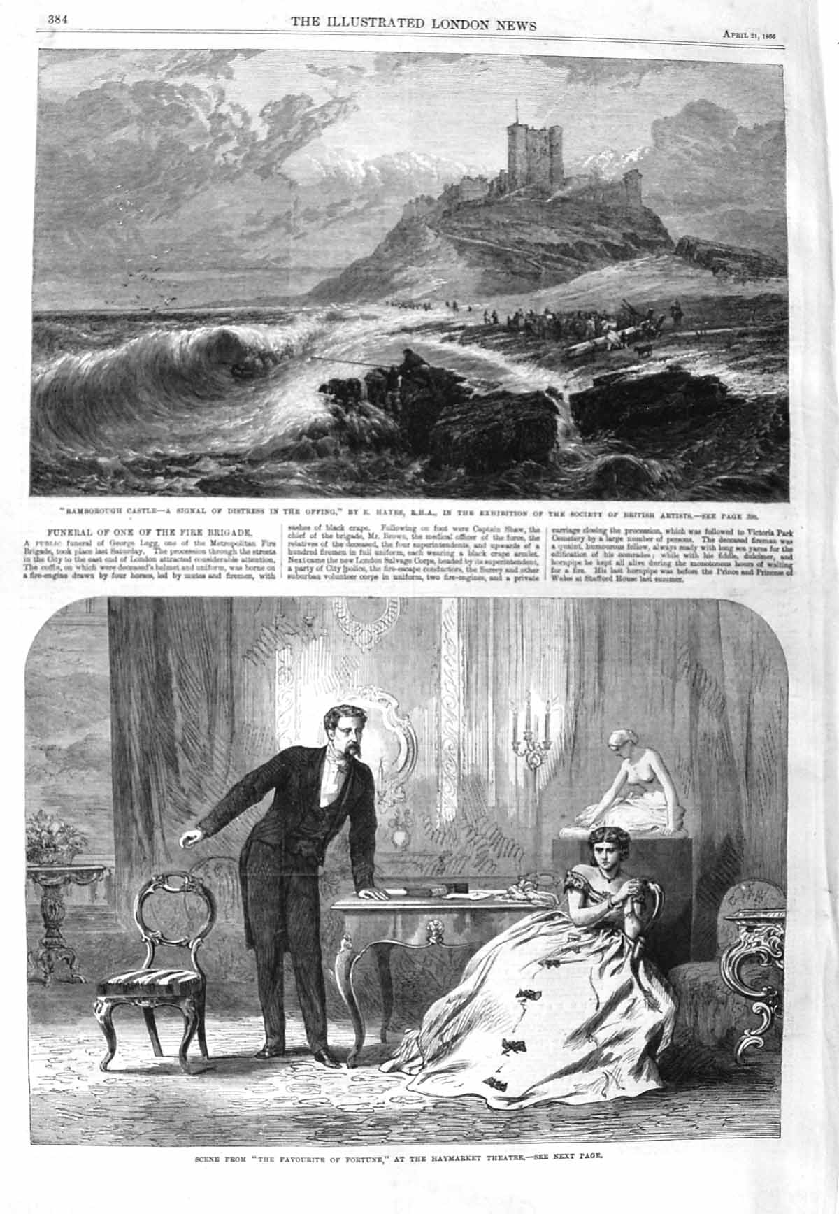 Original Old Antique Print 1866 Bamborough Castle Haymarket Theatre Romance