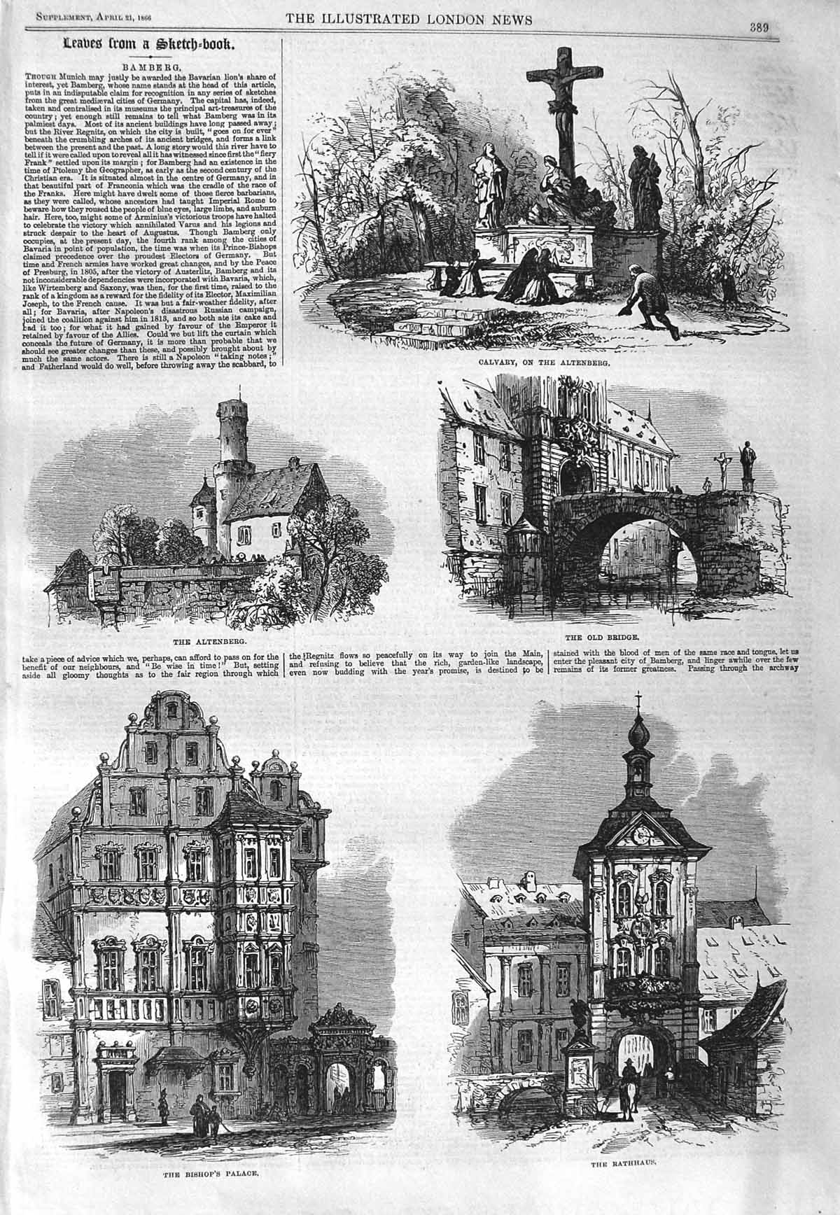 Old Antique Print 1866 Bamberg Altenberg Bridge Rathhaus Bishop'S Palace 19th