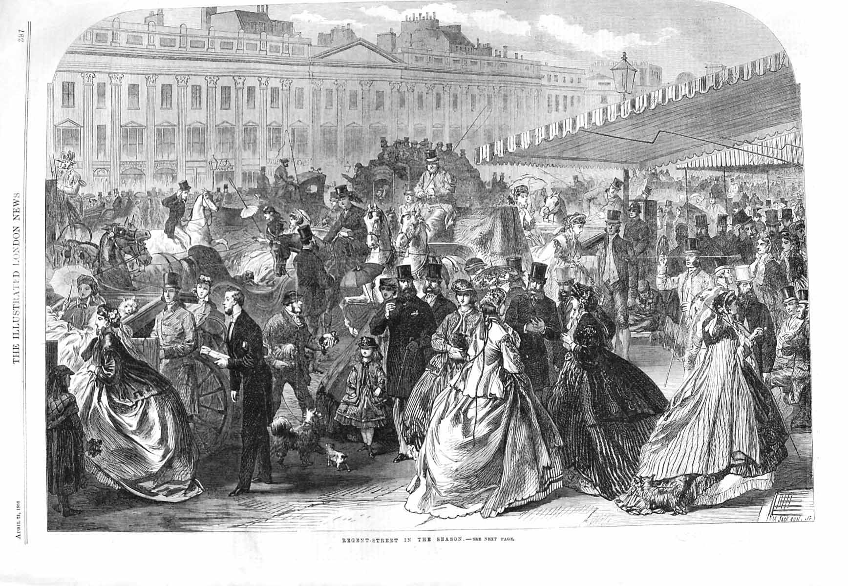 Old Antique Print 1866 Scene Season Regent'S Street London Horses Coach 19th