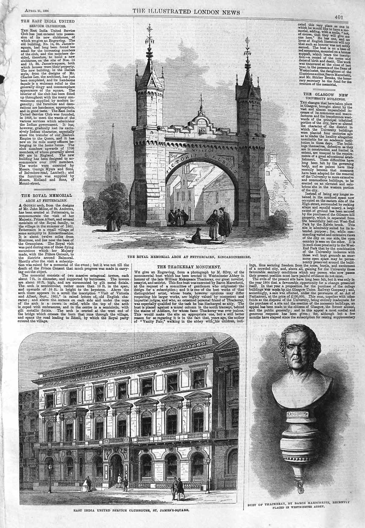 Original Old Antique Print 1866 Memorial Arch Kincardinshire Clubhouse James'S