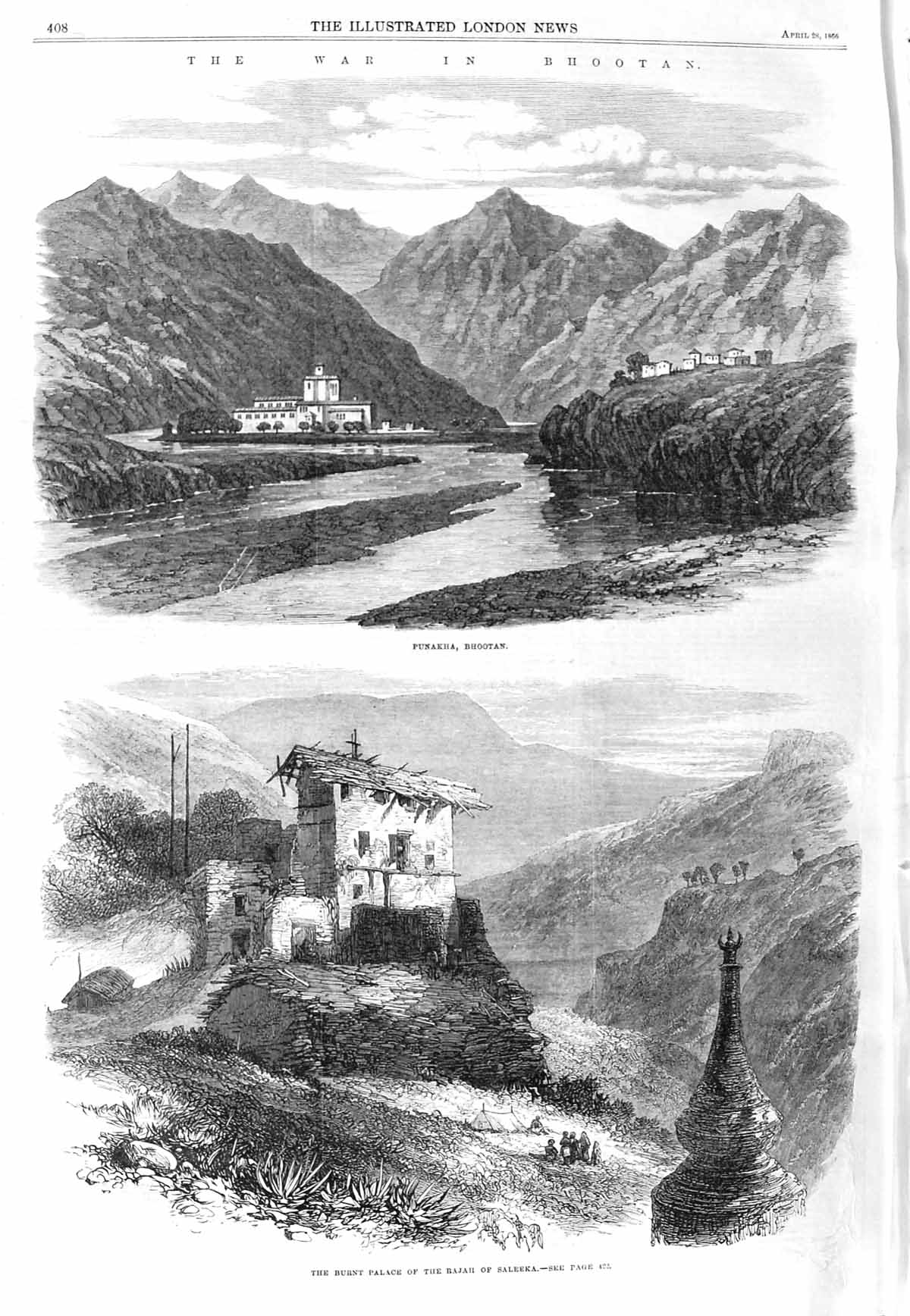 Original Old Antique Print 1866 War Bhootan Punakha Burnt Palace Rajah Saleeka