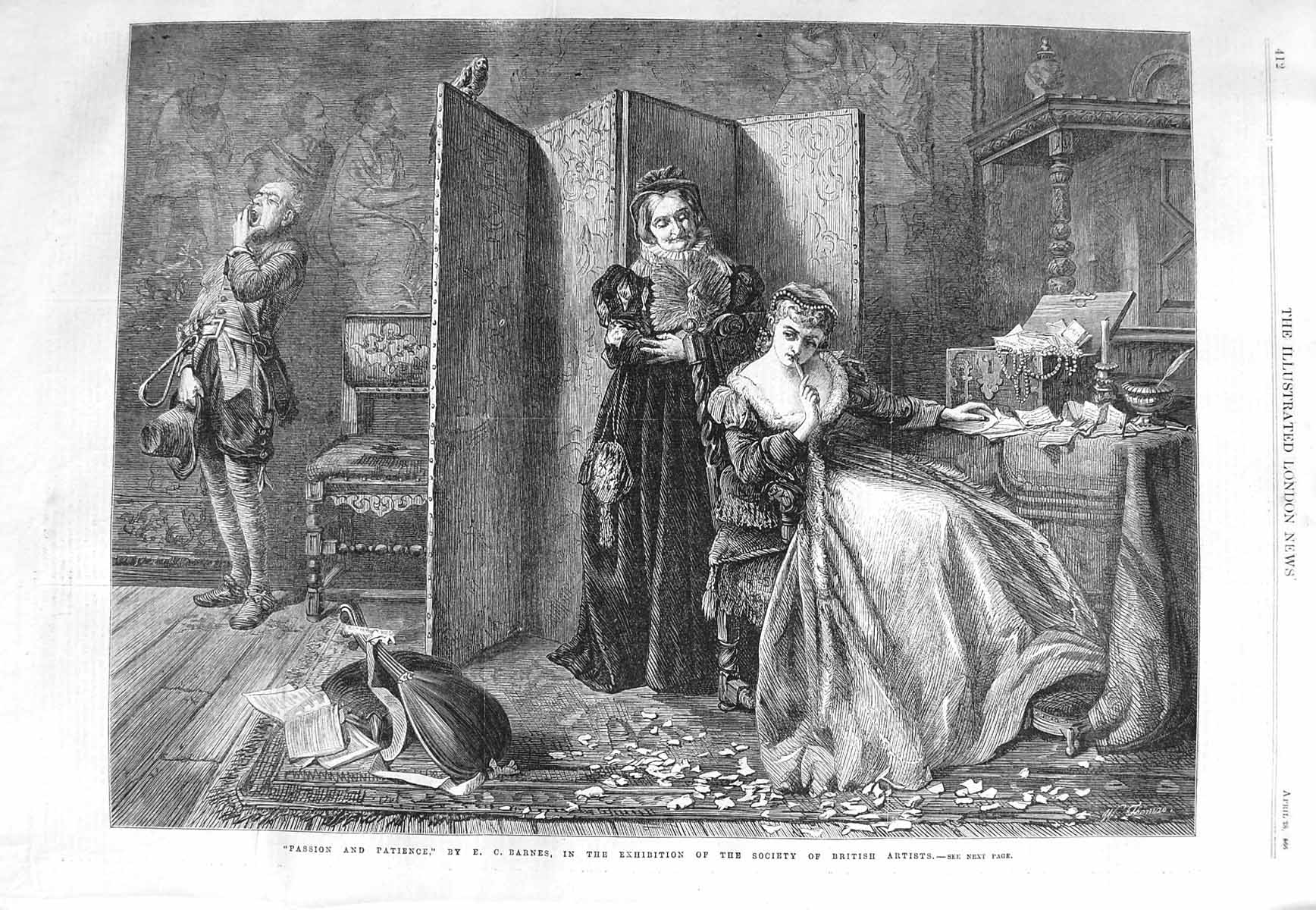 Original Old Antique Print 1866 Passion And Patience Romance Man Lady Barnes