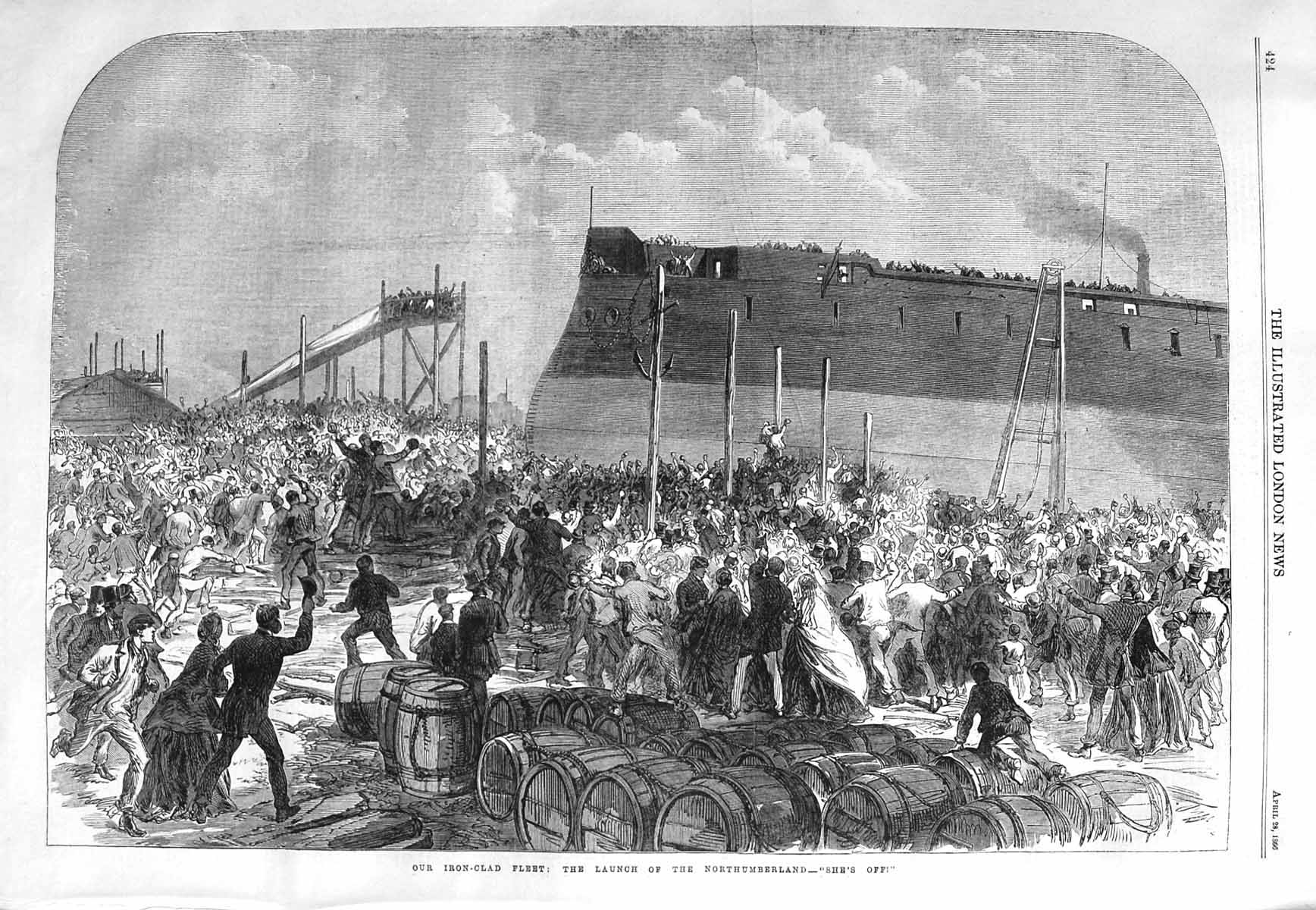 Original Old Antique Print 1866 Iron Clad Fleet Ship Launch Northumberland 19th