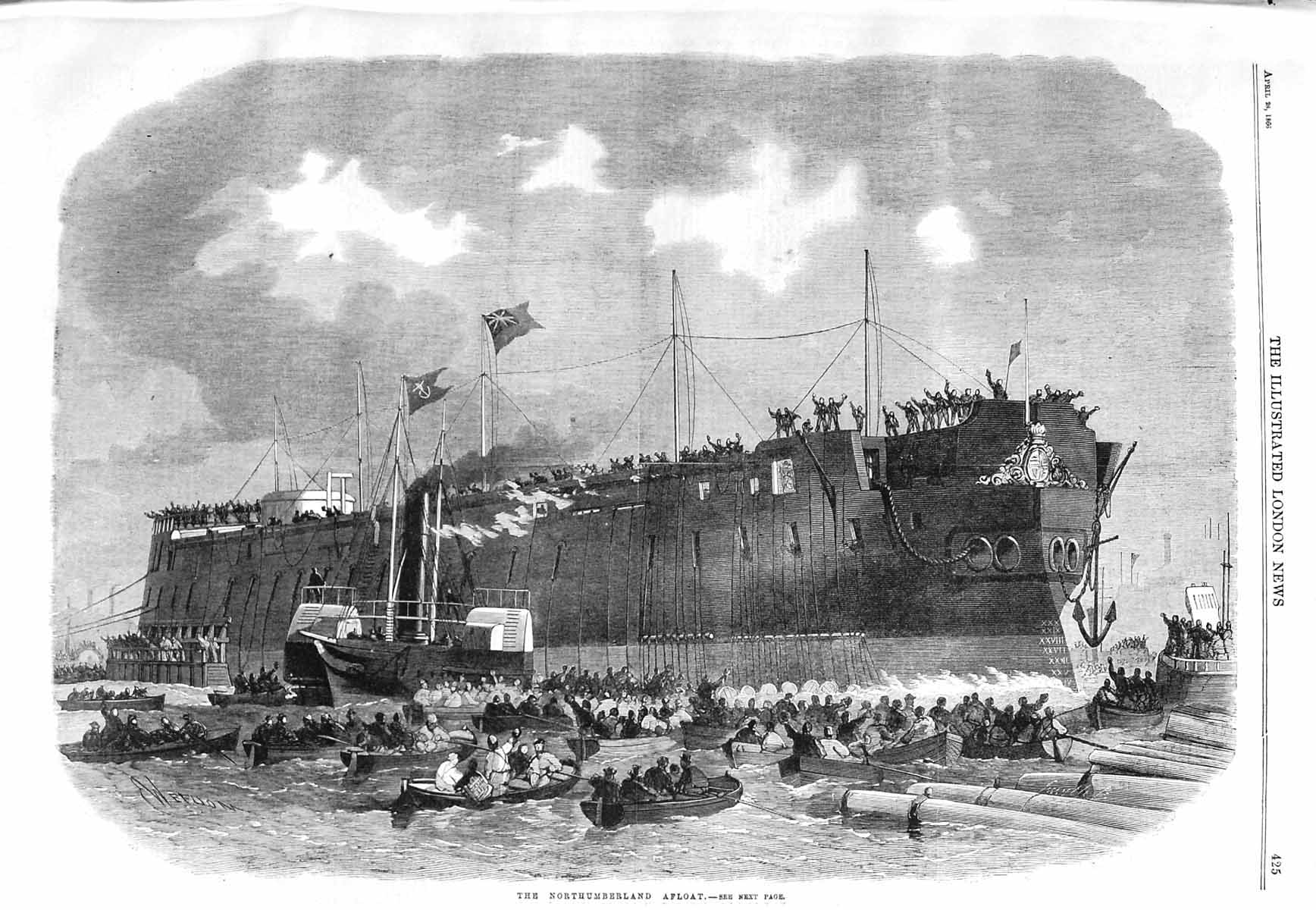 Original Old Antique Print 1866 Fine Art Northumberland Afloat War Ship 19th