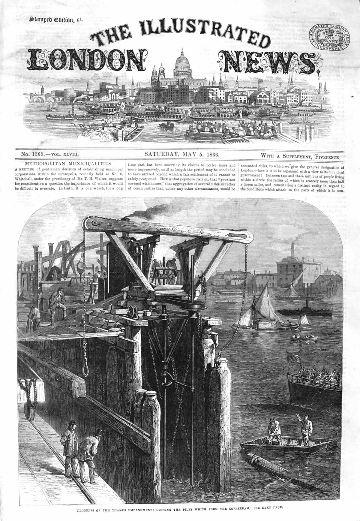 Original Old Antique Print 1866 Thames Embankment Cutting Piles Cofferdam Boats