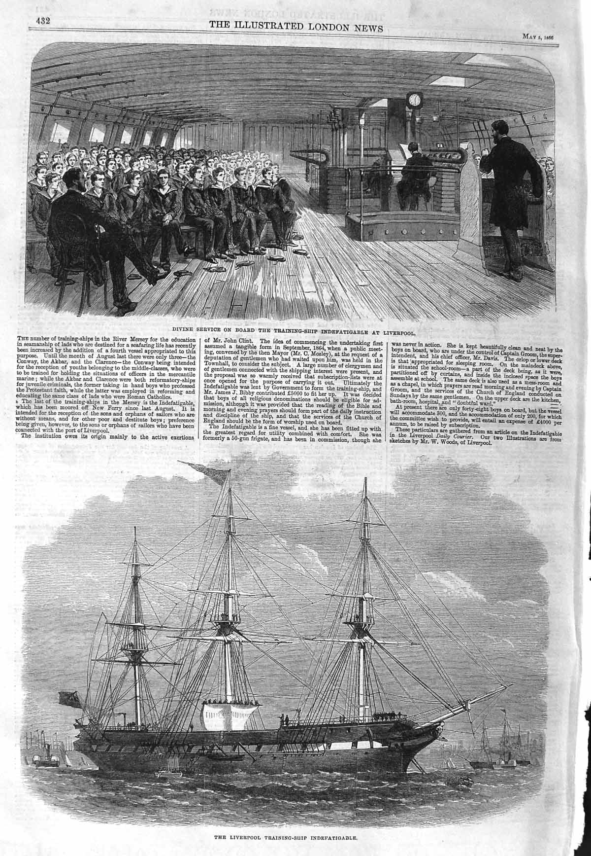 Original Old Antique Print 1866 Liverpool Training Ship Indefatigable Victorian