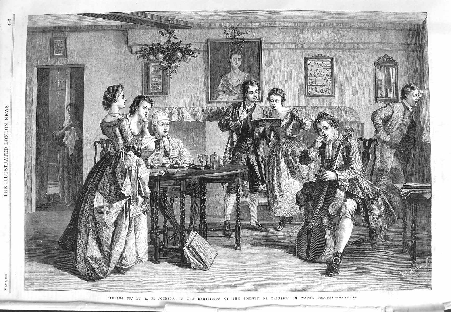 Old Antique Print 1866 Johnson Fine Art Family Home Music Man Ladies Men 19th