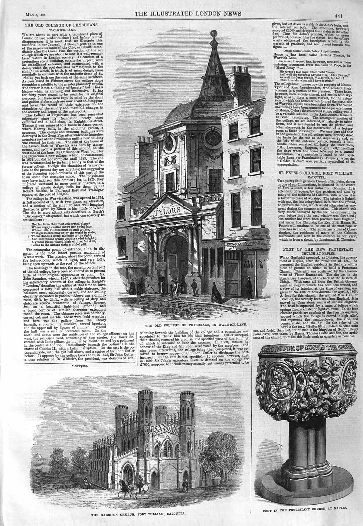 Old Antique Print 1866 College Physicians Warwick Garrison Church Naples 19th