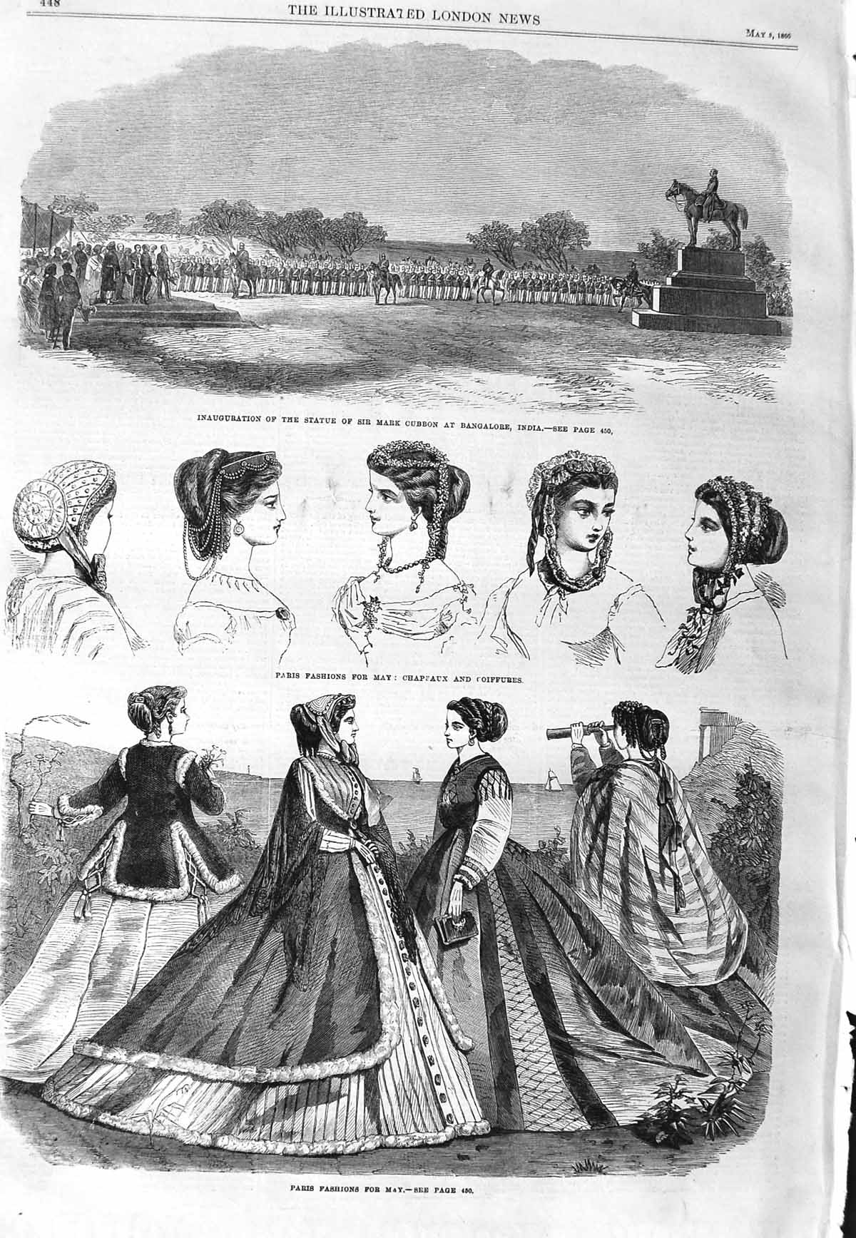 Original Old Antique Print 1866 Paris Fashion Statue Mark Cubbon Bangalor 19th