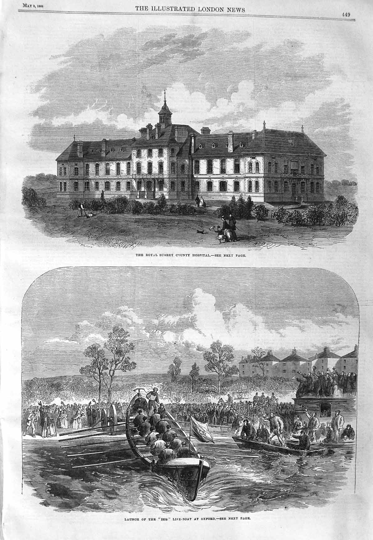 Old Antique Print 1866 Royal Surrey County Hospital Isis Life-Boat Oxford 19th
