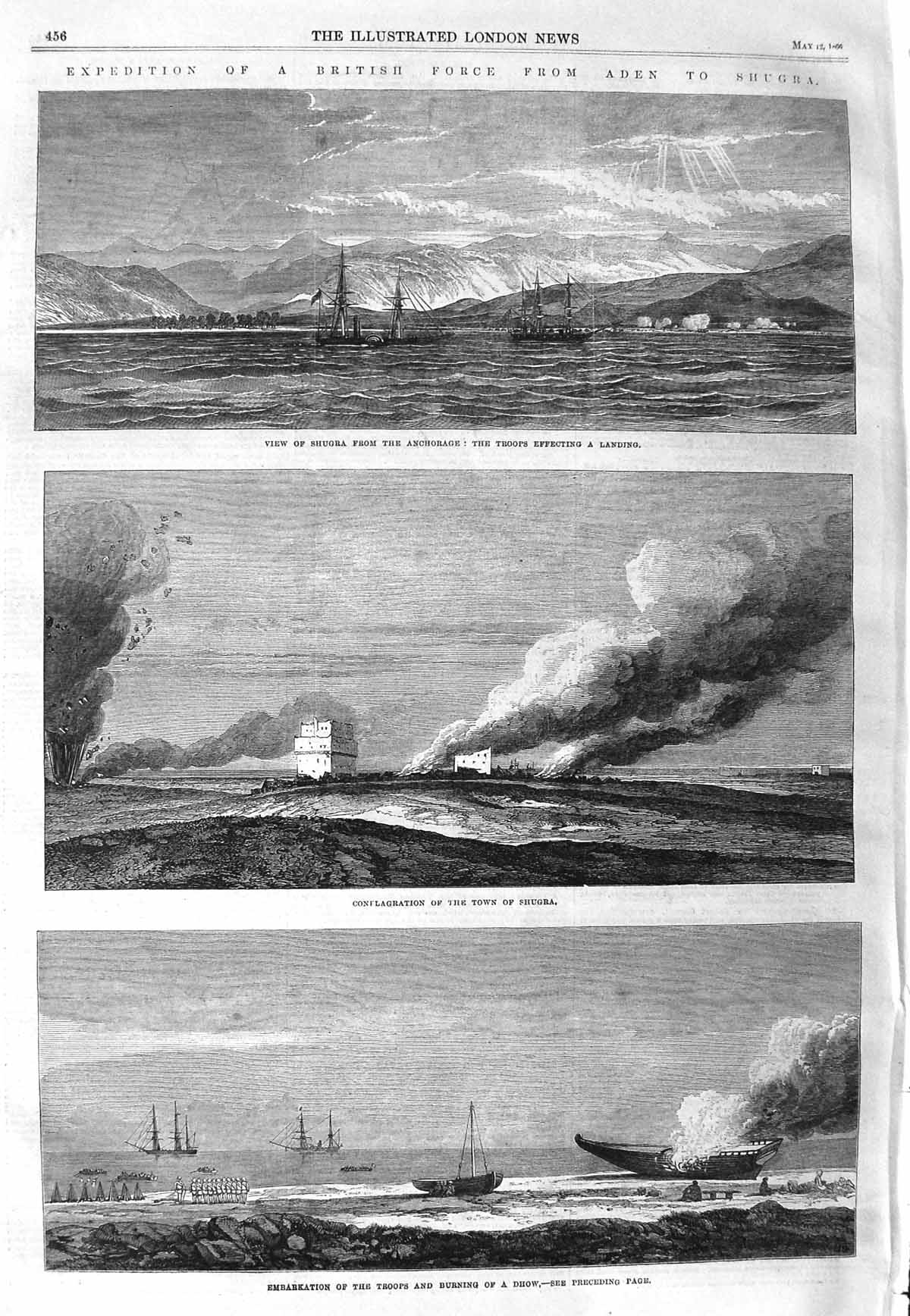 Original Old Antique Print 1866 Shugra British Troops War Fire Ships Dhow War