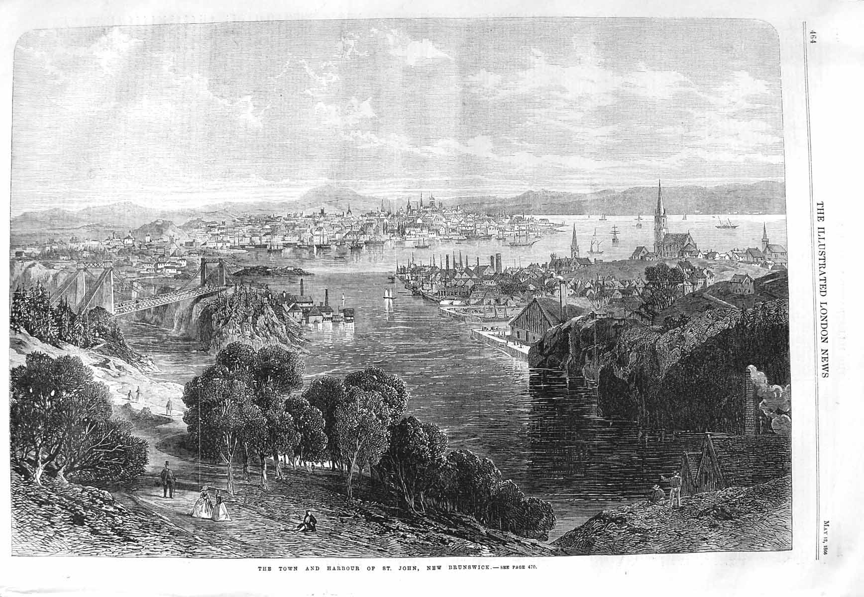 Old Antique Print 1866 View Town Harbour St. John New Brunswick Fine Art 19th
