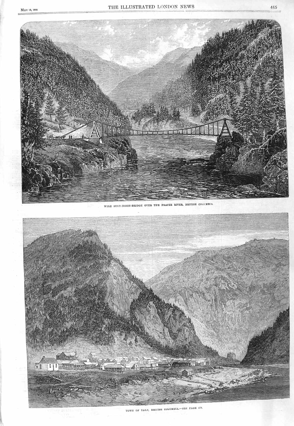Original Old Antique Print 1866 Suspension Bridge Fraser River British Columbia
