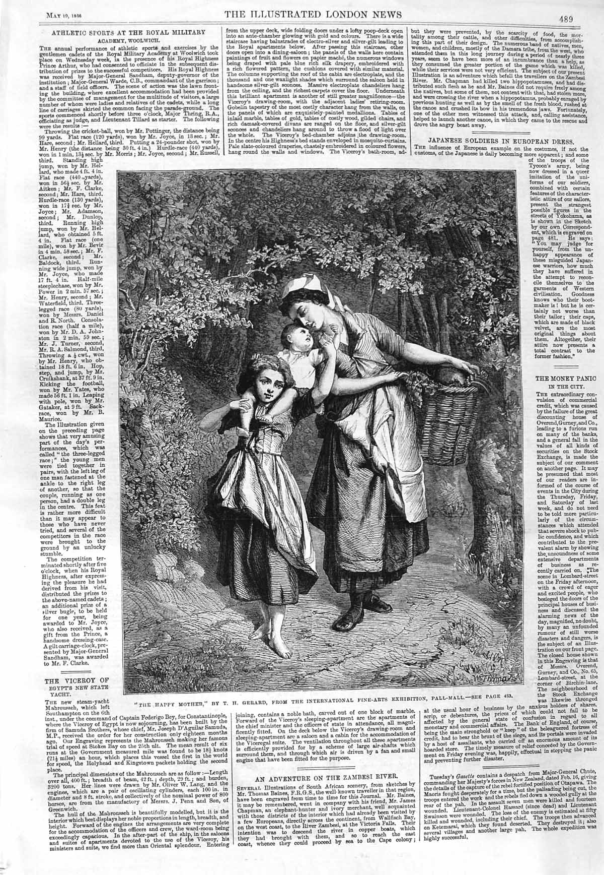 Original Old Antique Print 1866 Happy Mother Gerard Children Trees Basket 19th