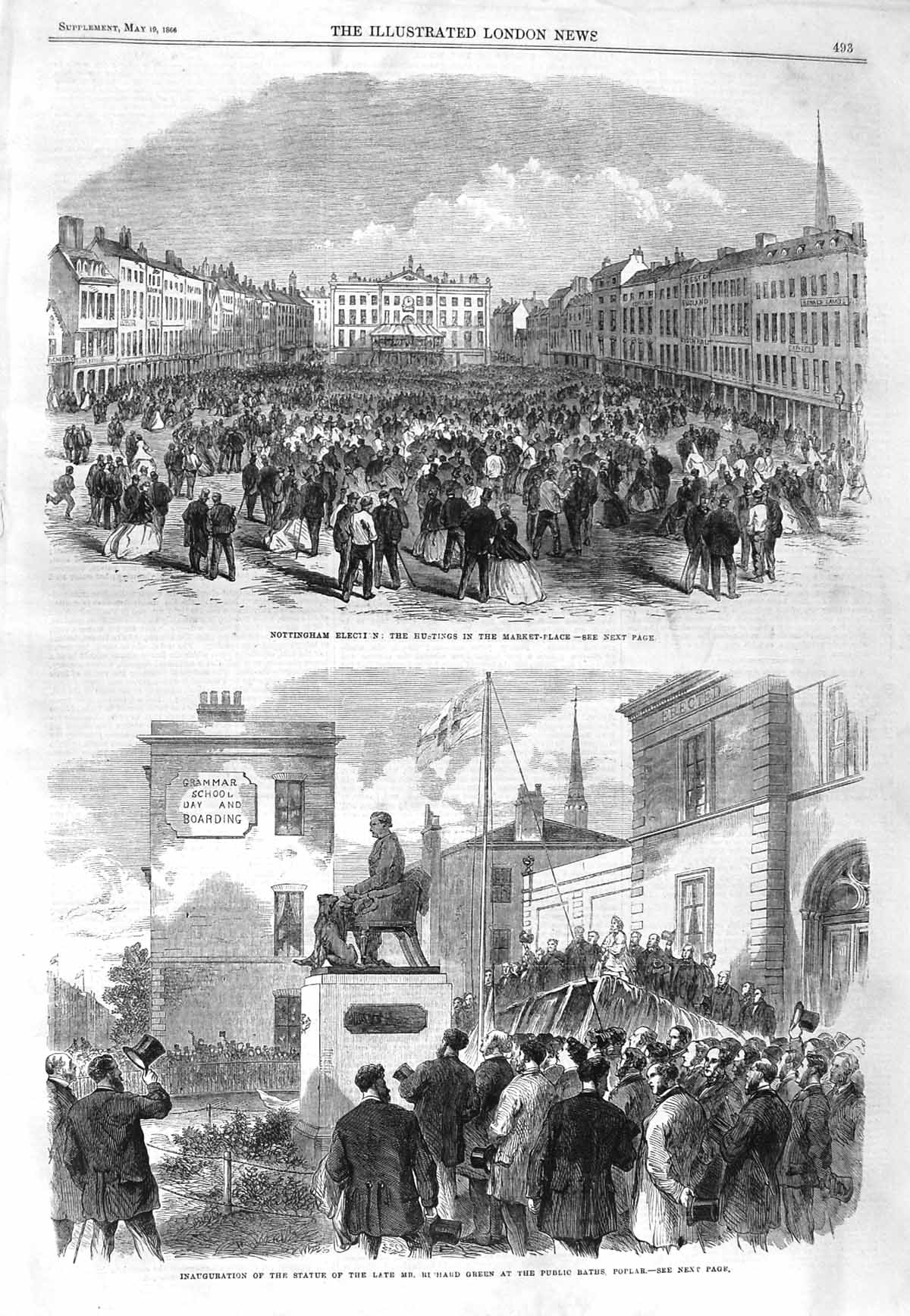 Original Old Antique Print 1866 Nottingham Election Market Statue Richard Green