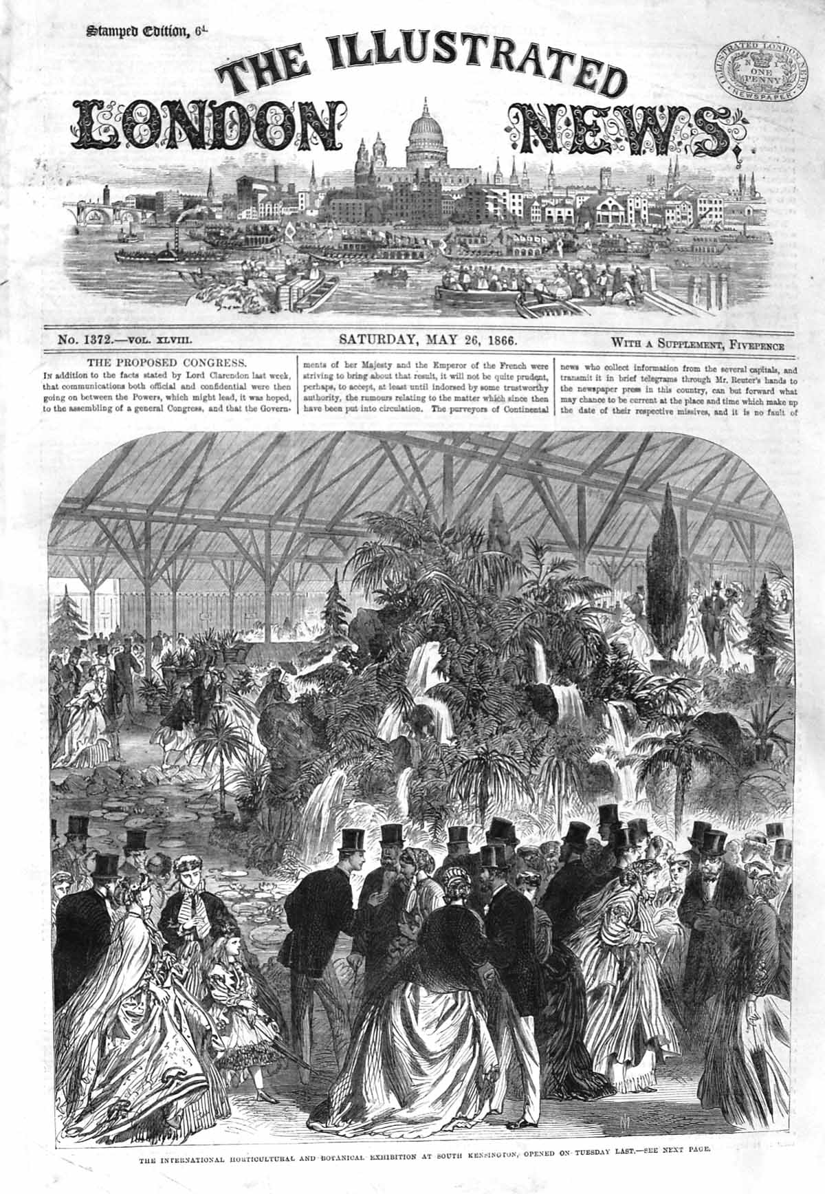 Original Old Antique Print 1866 Horticultural Botanical Exhibition Kensington