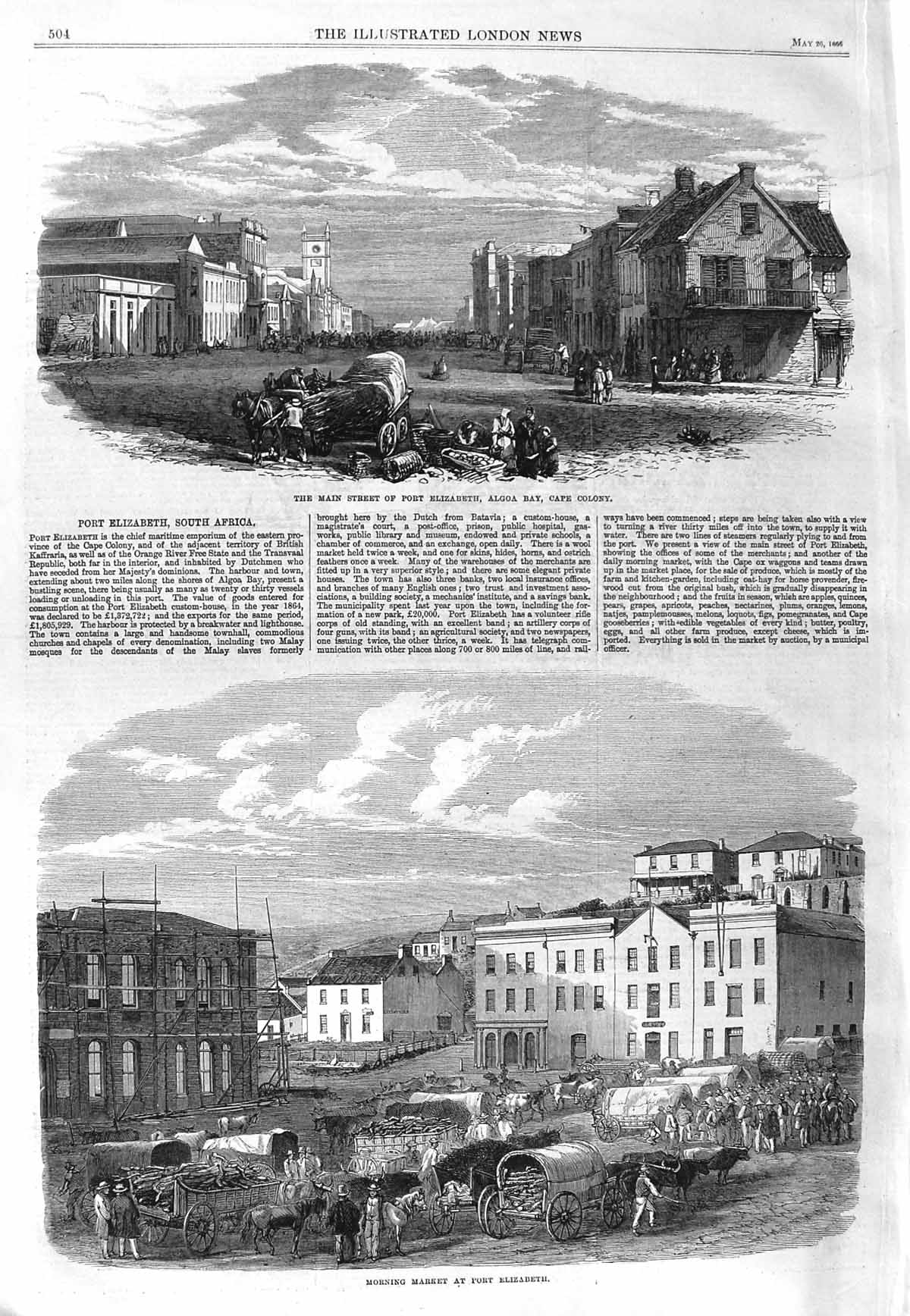 Old Antique Print 1866 Port Elizabeth Algoa Bay Cape Colony Market Scene 19th