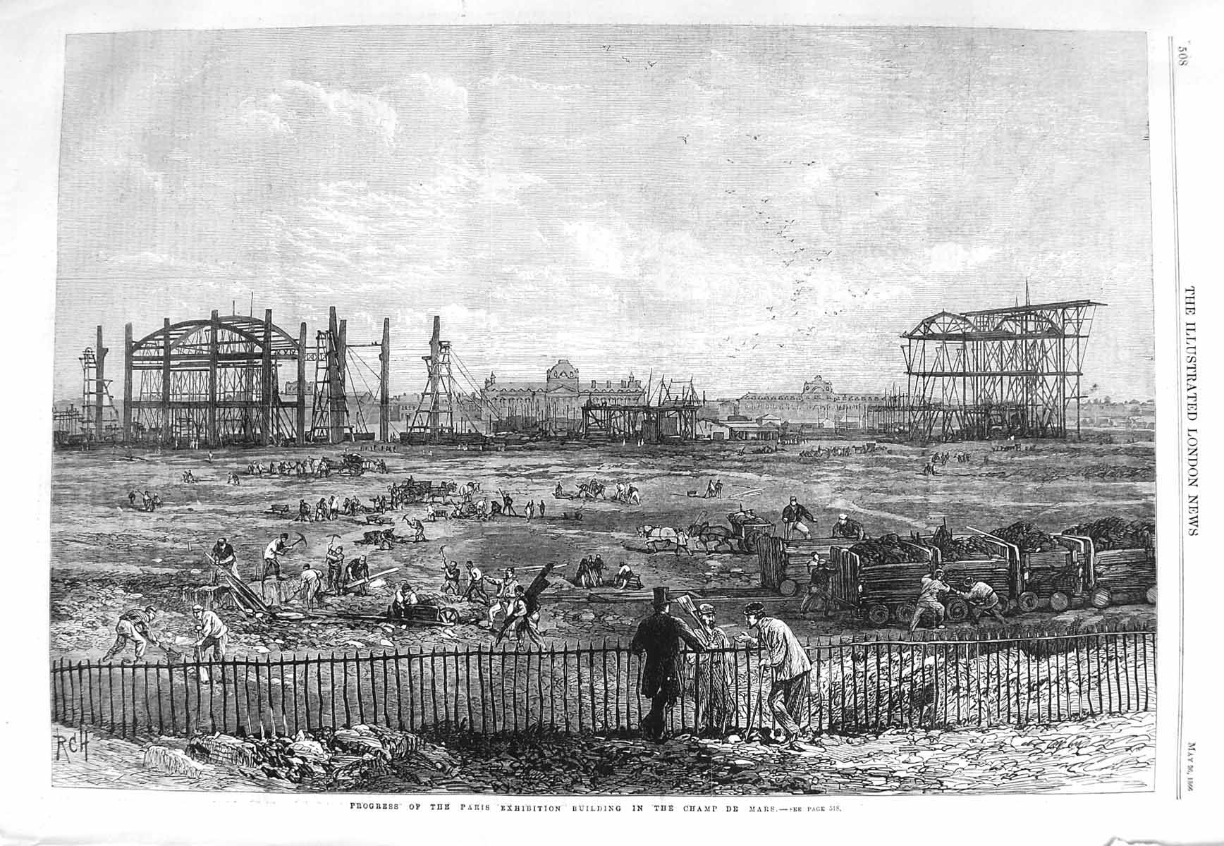 Old Antique Print 1866 Progress Paris Exhibition Building Champ De Mars 19th