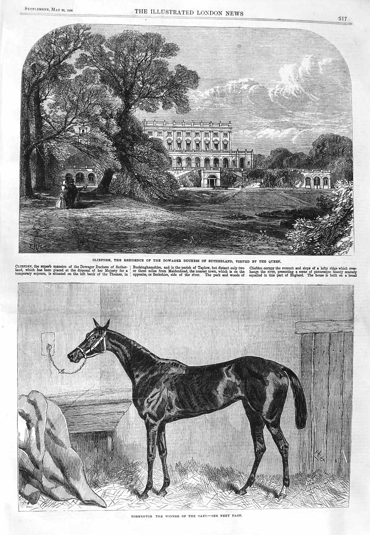 Old Antique Print 1866 Cliefden Duchess Sutherland Tormentor Horse Oaks 19th