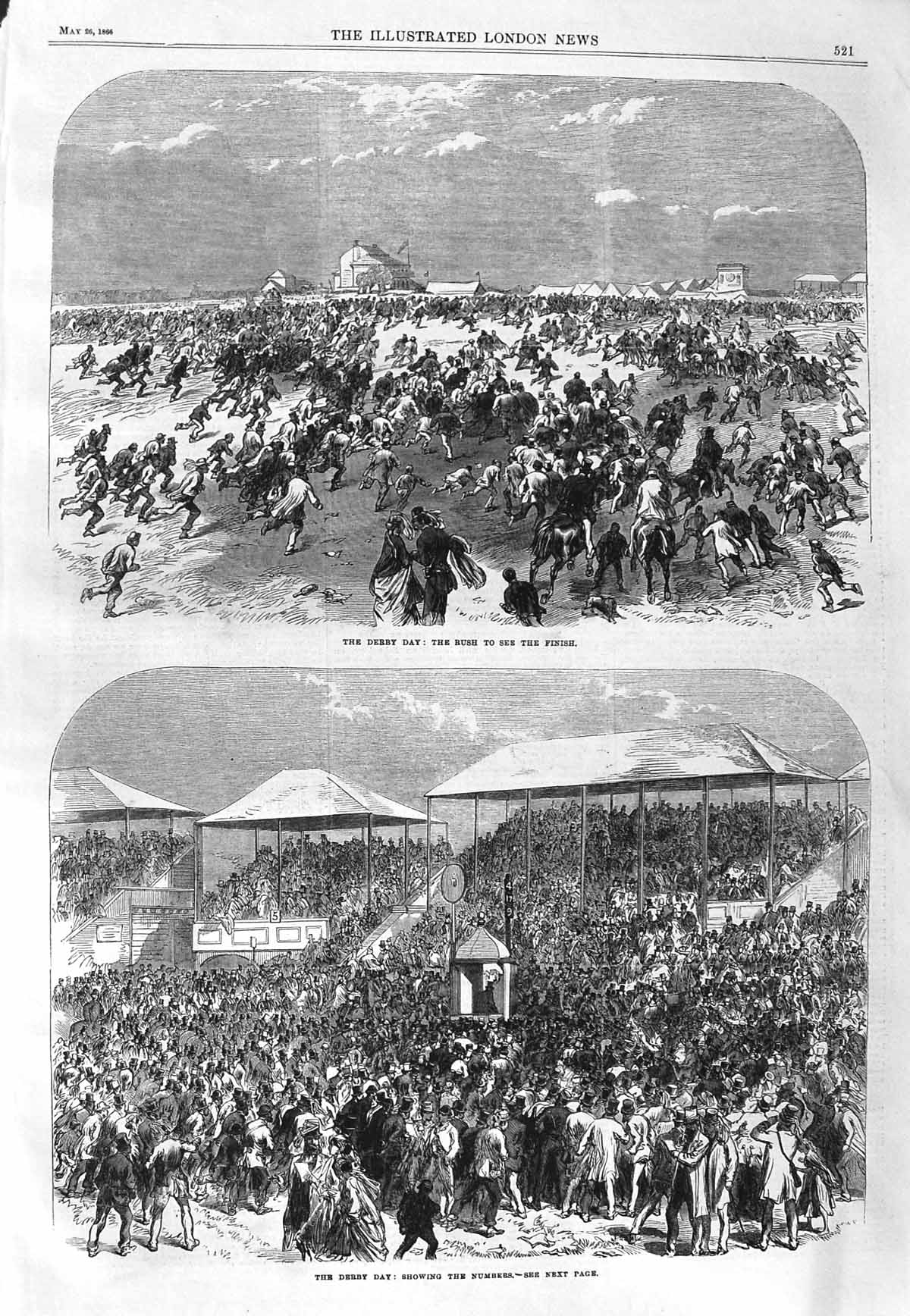 Original Old Antique Print 1866 Derby Day Horse Racing Sport Showing Numbers