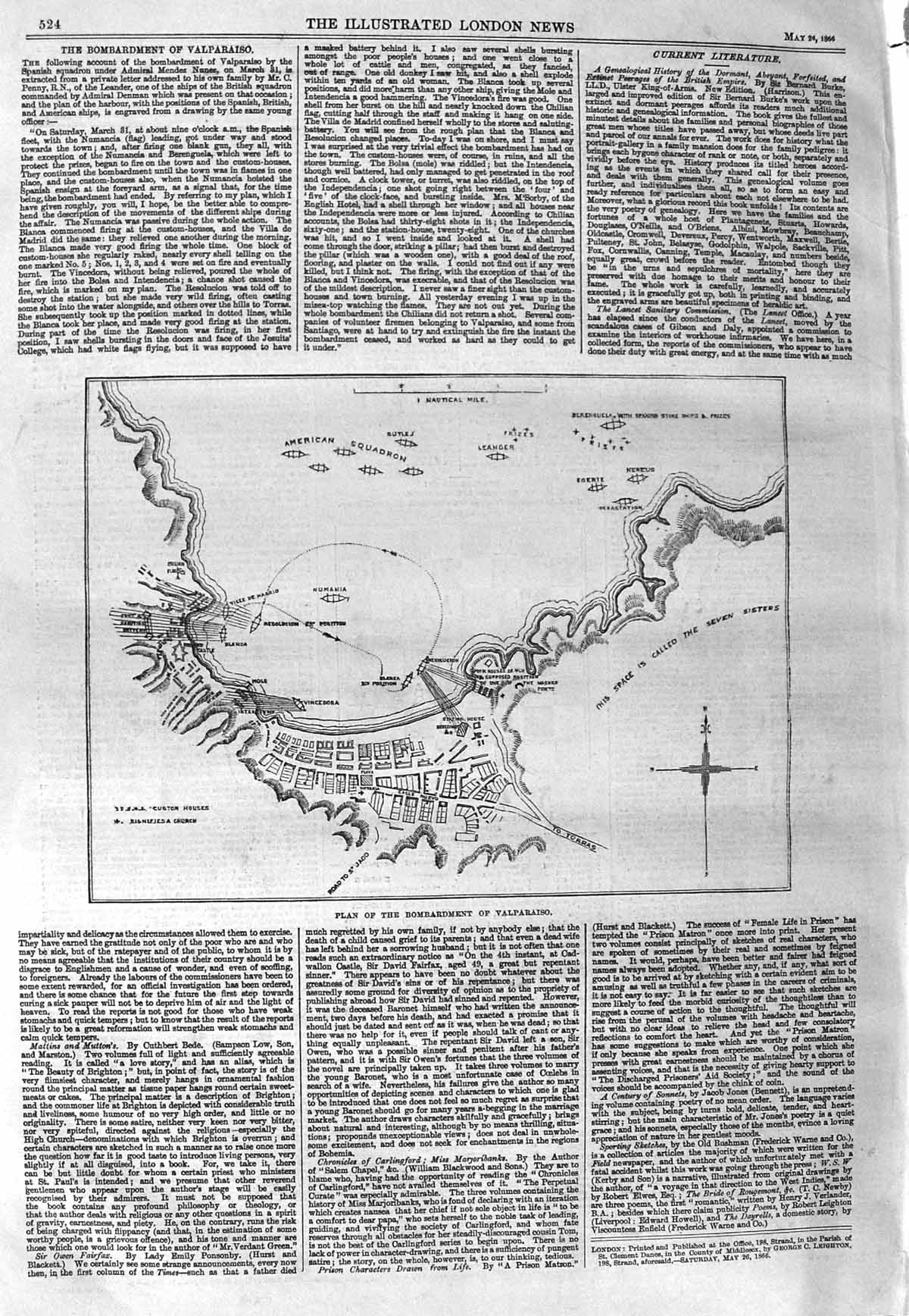 Original Old Antique Print 1866 Plan Bombardment Valparaiso War America 19th