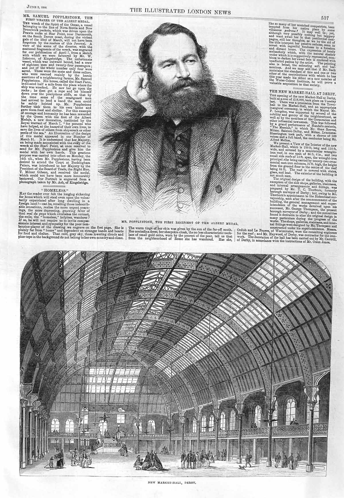 Original Old Antique Print 1866 Popplestone Albert Medal New Market-Hal 19th