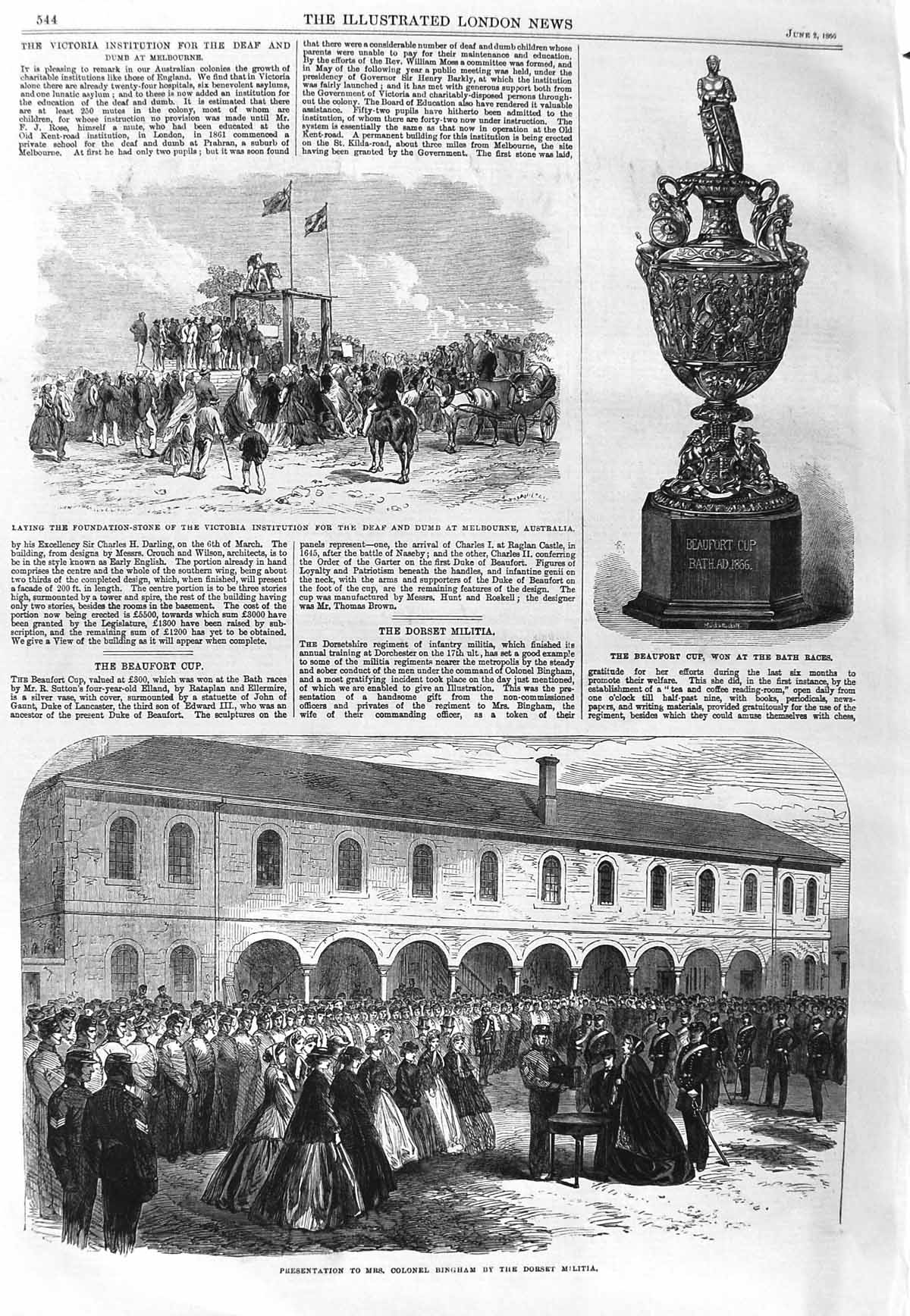 Old Antique Print 1866 Bingham Dorset Militia Beaufort Cup Australia Dumb 19th